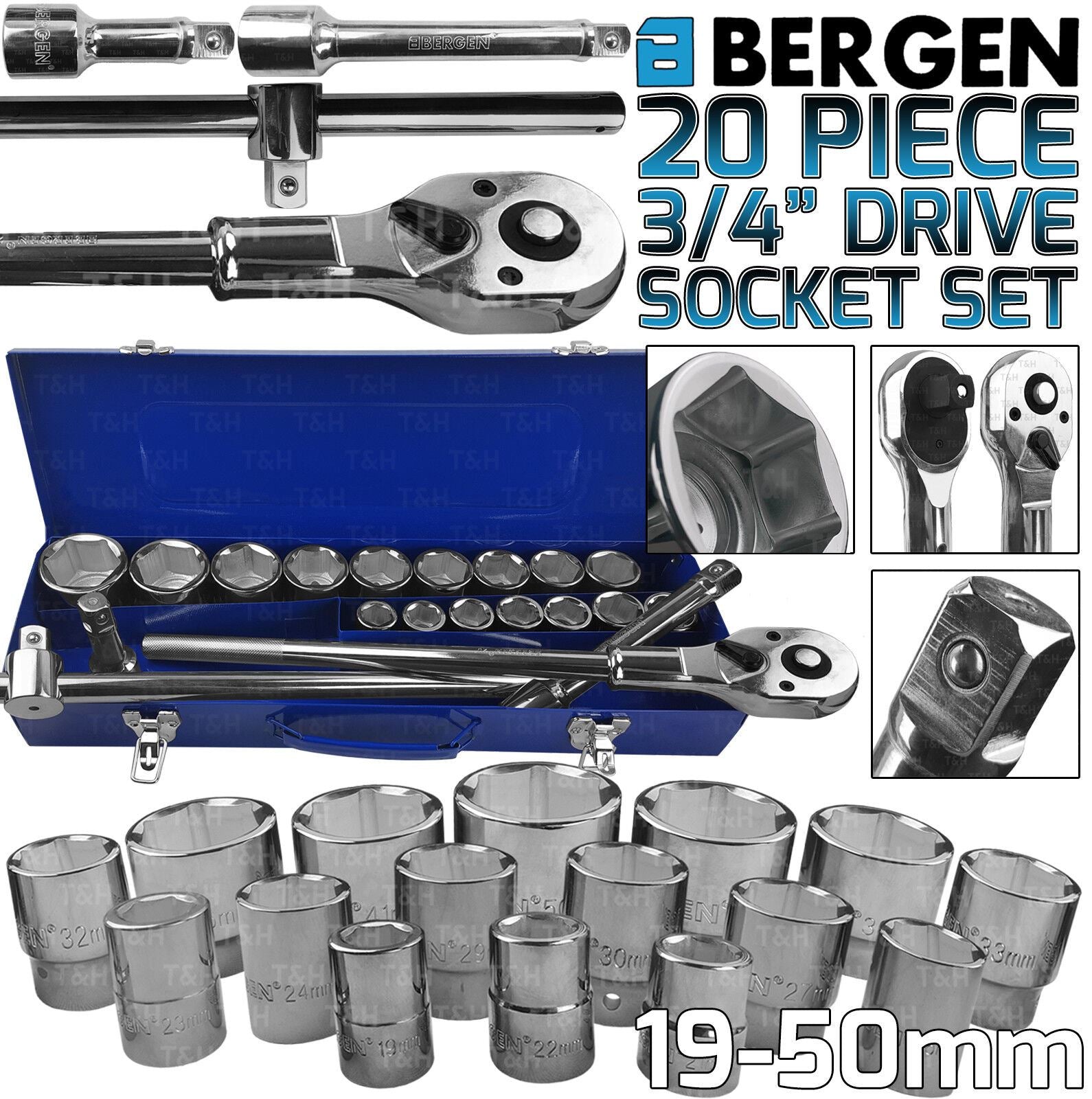 US Pro 20 Piece 3/4" Drive 6 Point Socket Set 19mm - 50mm ( 1384 )