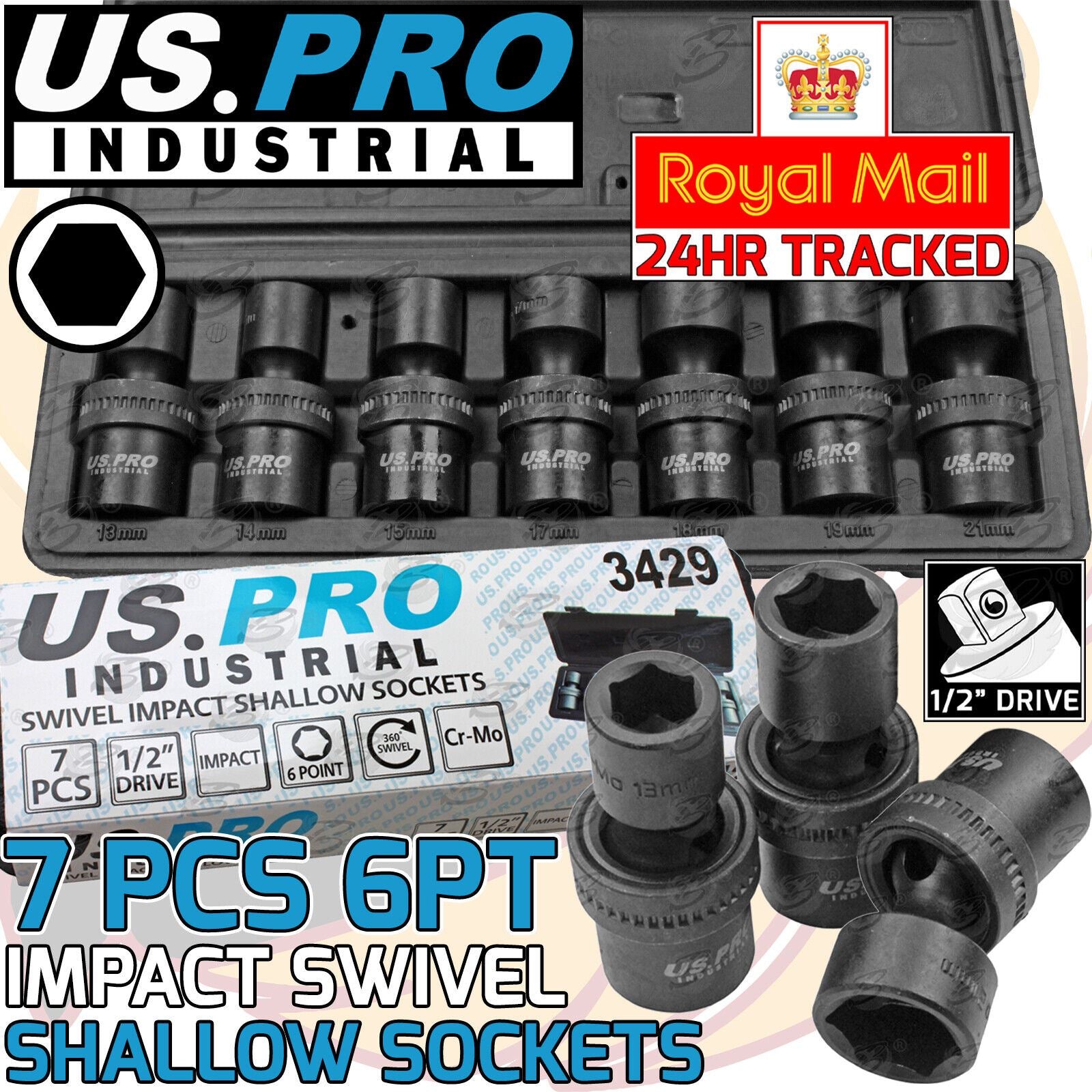 US PRO INDUSTRIAL 7PCS 1/2" DRIVE 6 POINT SWIVEL IMPACT SOCKETS 13MM - 21MM