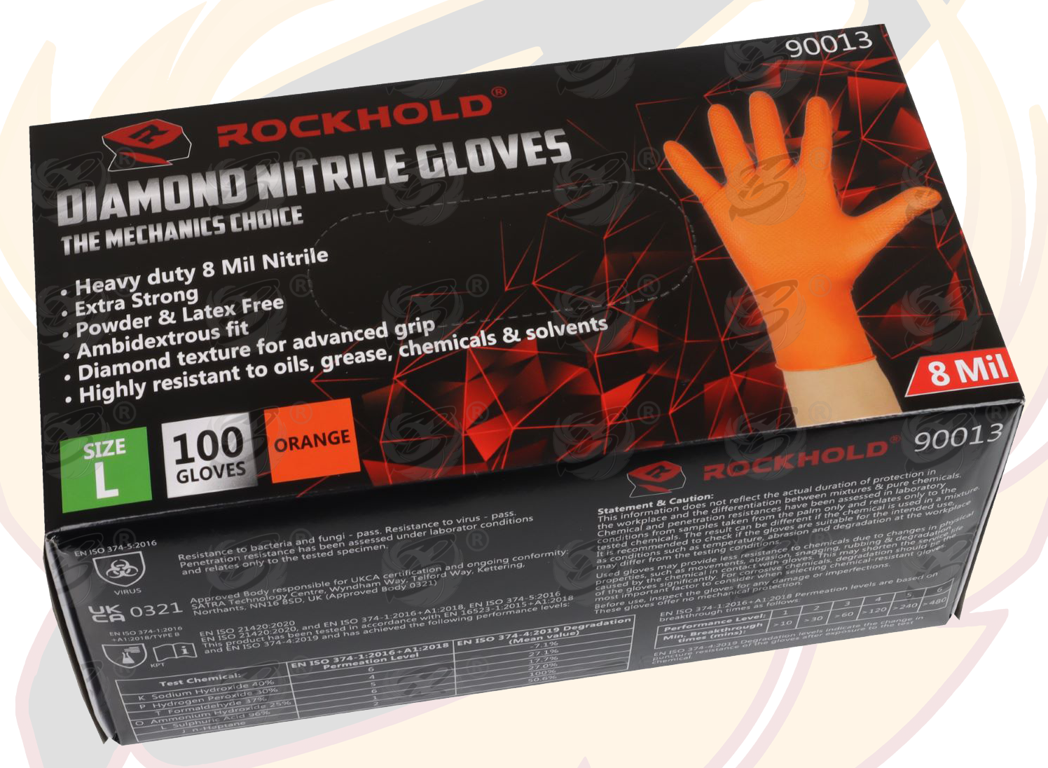 Rockhold Heavy Duty Orange 8 Mil Nitrile Diamond Grip Gloves ( Large - 100 Gloves ) 90013 / L ( 1 BOX )