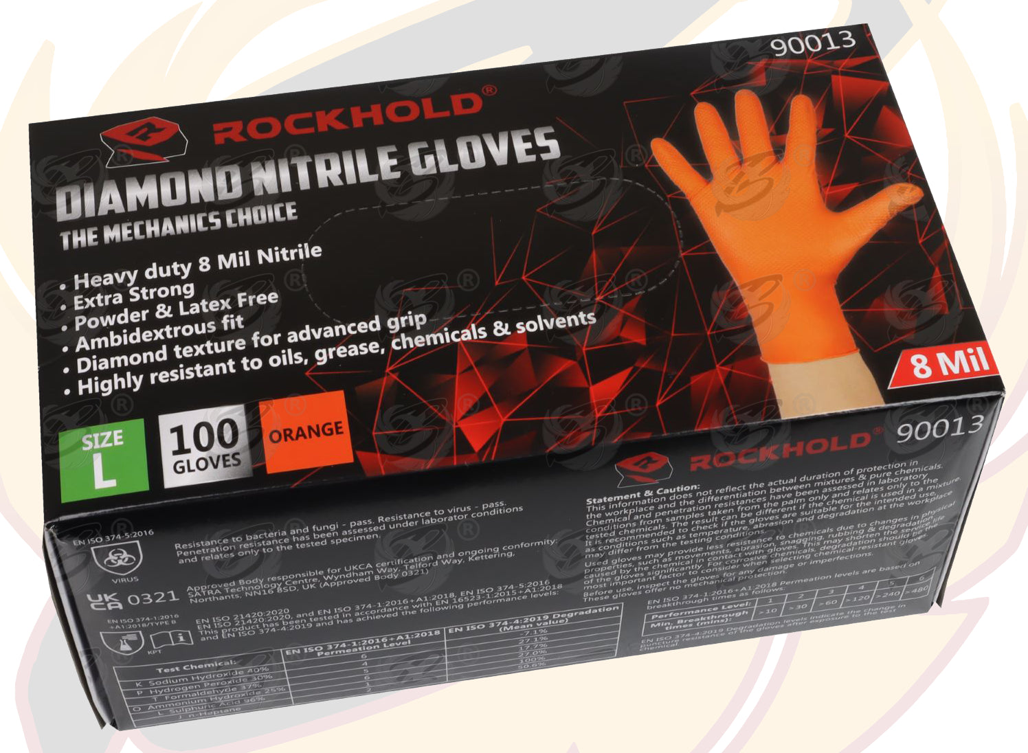 ROCKHOLD HEAVY DUTY ORANGE 8 MIL NITRILE DIAMOND GRIP GLOVES ( LARGE - 100 GLOVES )