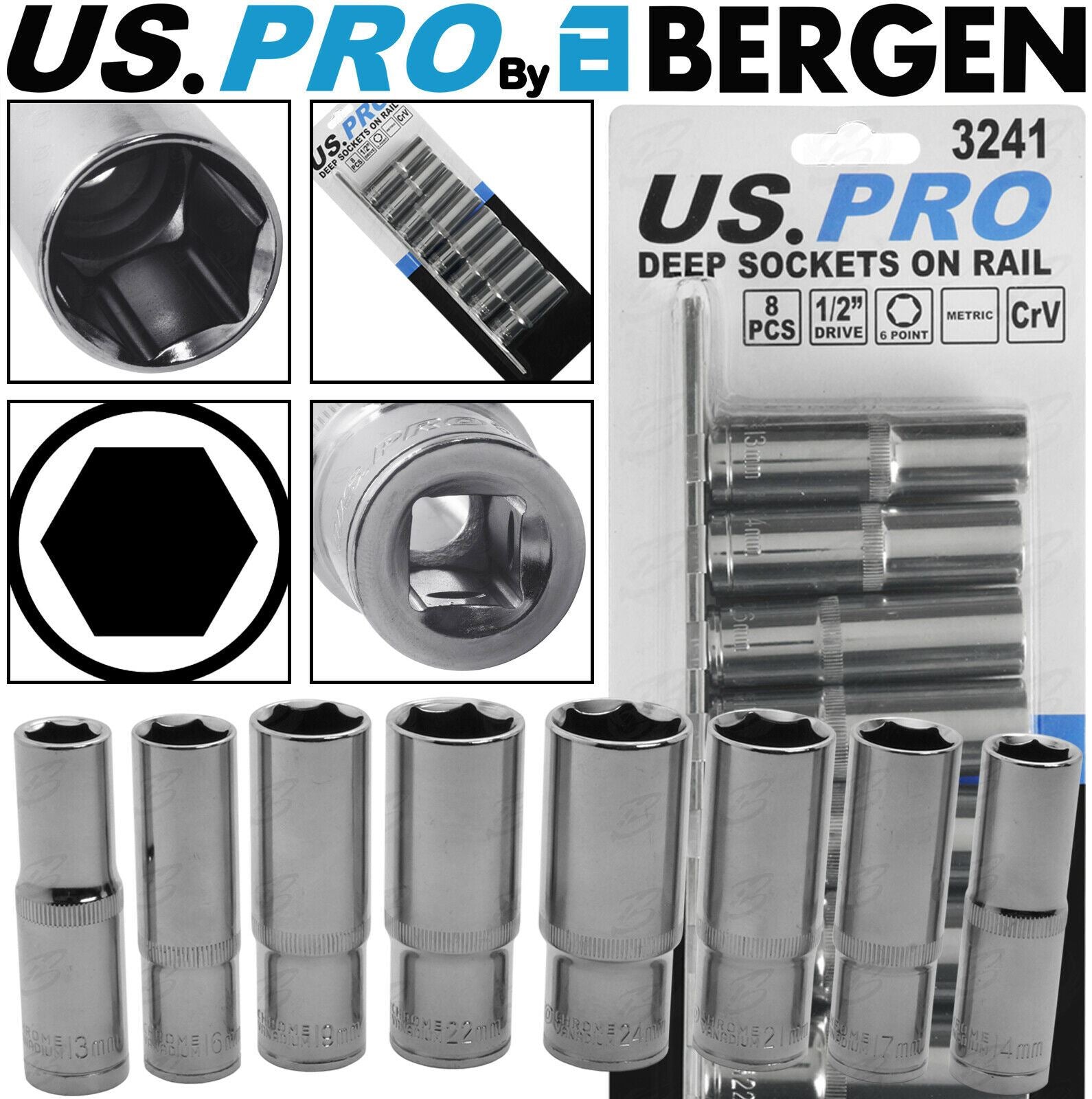 US PRO 8PCS 1/2" DRIVE 6 POINT DEEP SOCKETS 13MM - 24MM