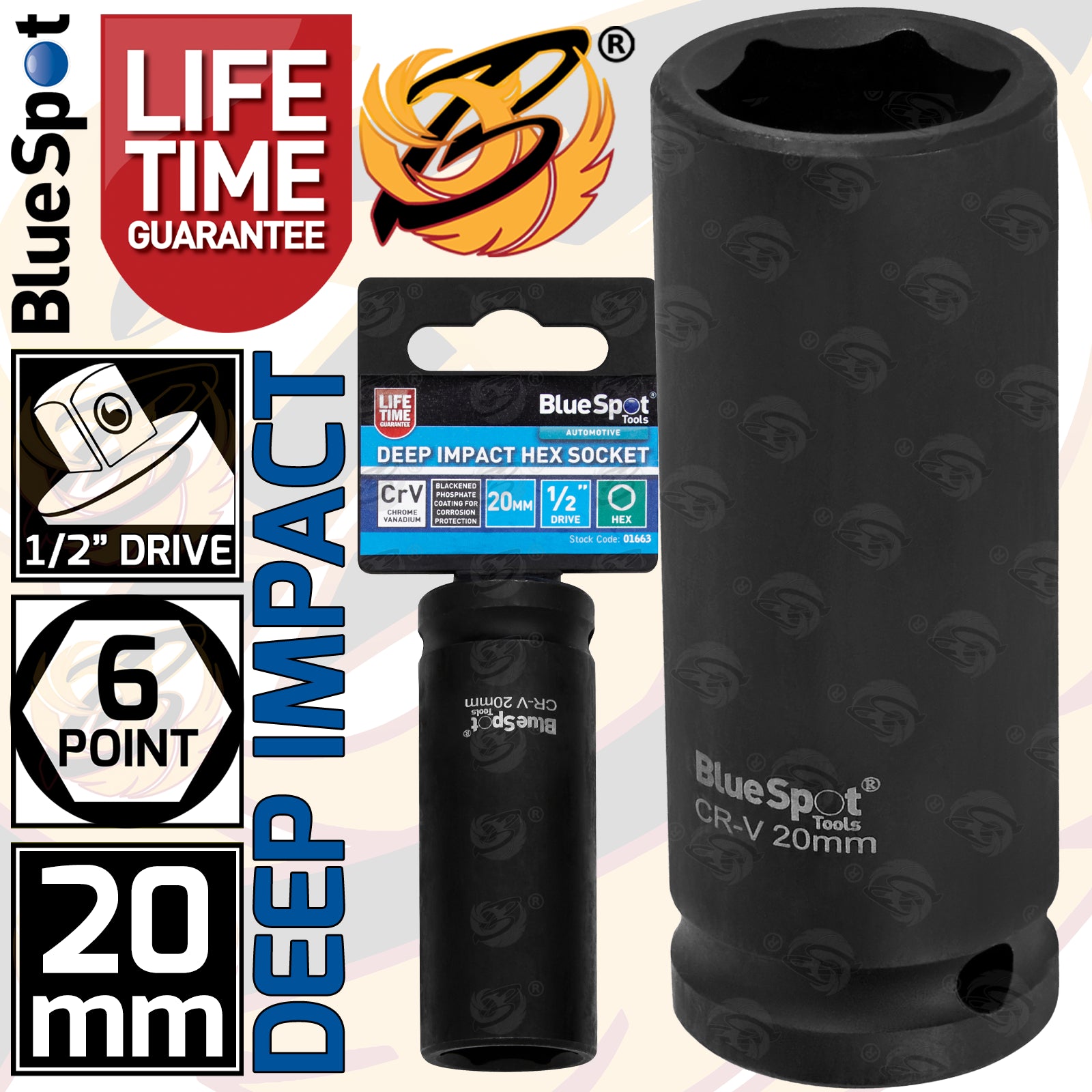 BLUESPOT 20MM 1/2" DRIVE 6 POINT DEEP IMPACT SOCKET ( SINGLE )