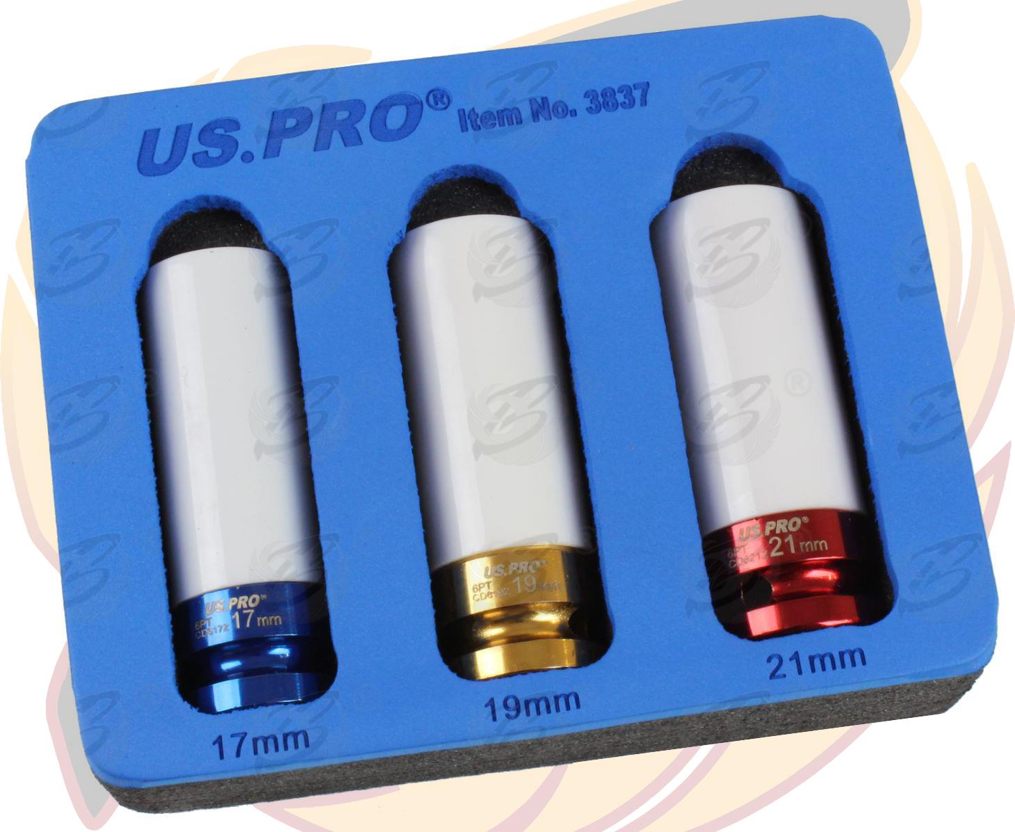 US PRO 3PCS 1/2" DRIVE 6 POINT DEEP ALLOY WHEEL NUT SOCKETS 17MM - 21MM