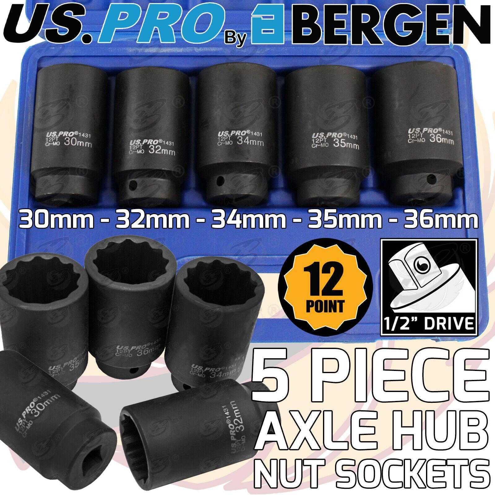 US PRO 5PCS 1/2" DRIVE 12 POINT DEEP IMPACT SOCKETS 30MM - 36MM