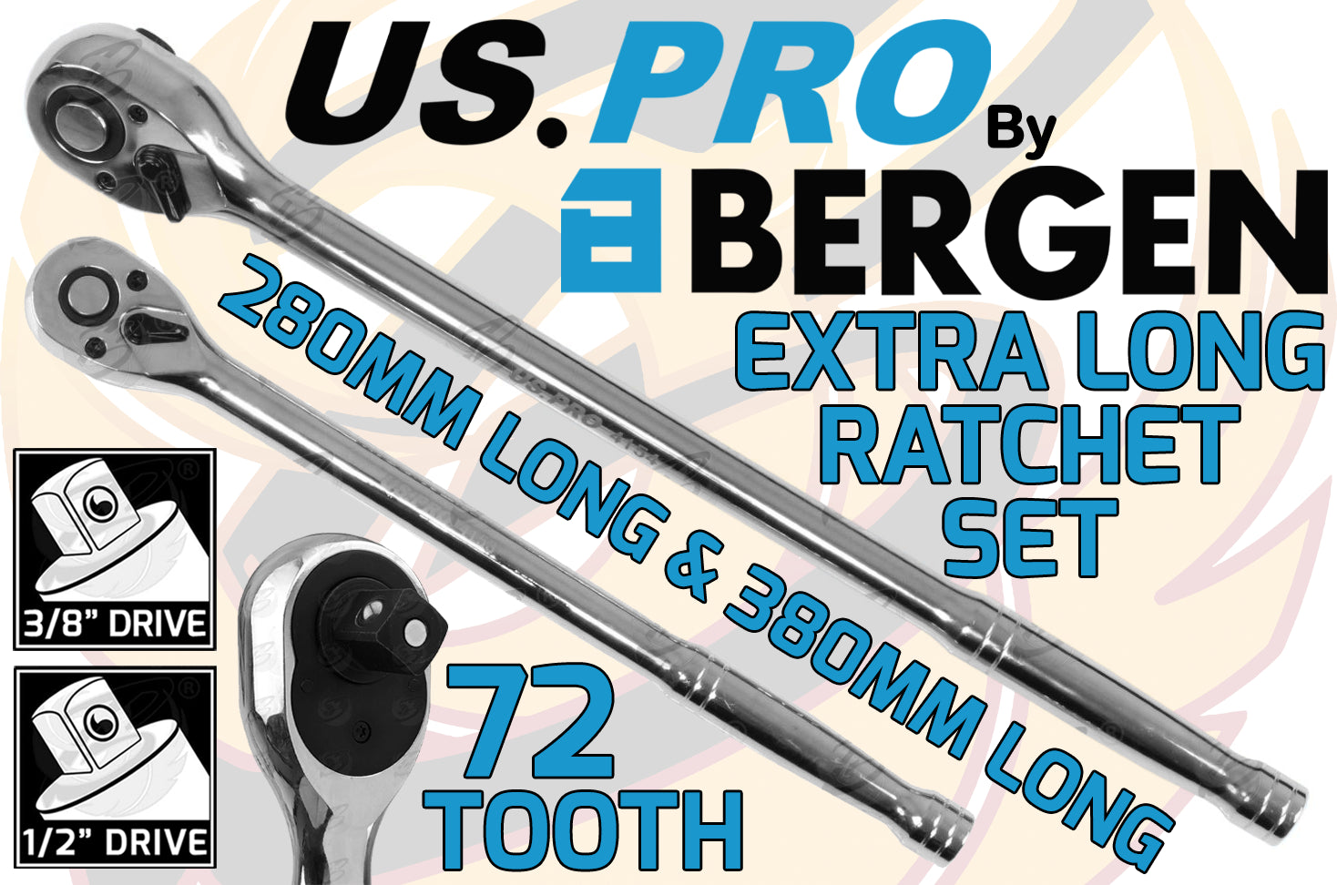 US PRO 2PCS 3/8" & 1/2" DRIVE 72 TOOTH EXTRA LONG RATCHET HANDLES
