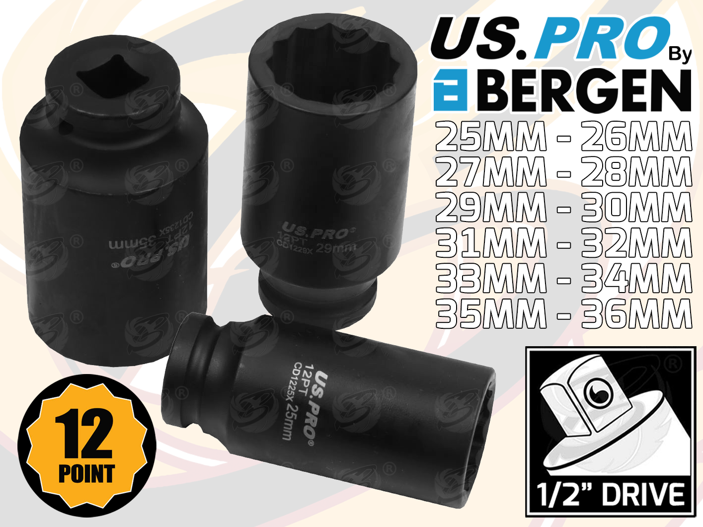 US Pro 12 Piece 1/2" Drive 12 Point Deep Impact Sockets 25mm - 36mm ( 7543 )