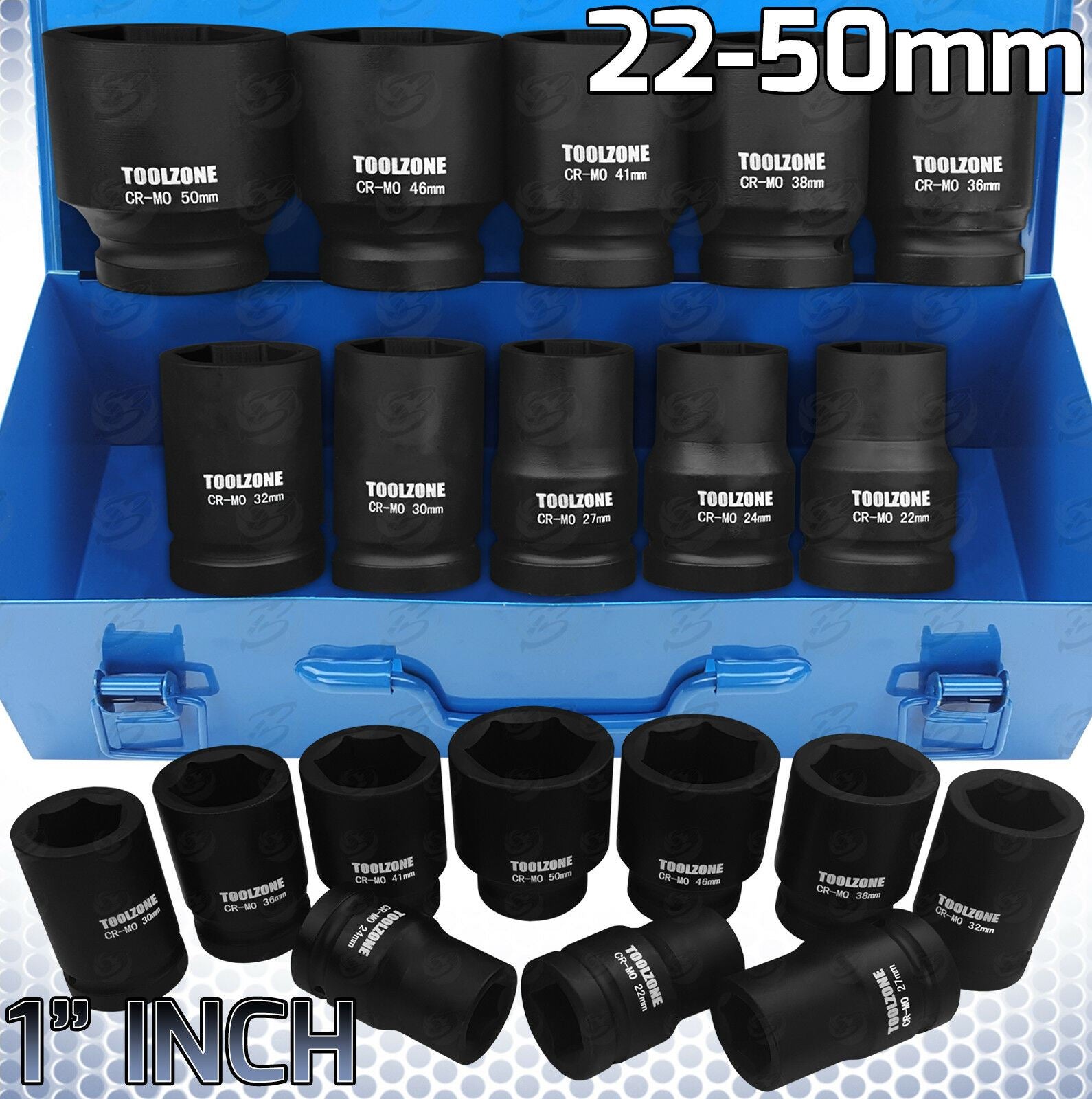 TOOLZONE 10PCS 1" DRIVE 6 POINT DEEP IMPACT SOCKETS 22MM - 50MM