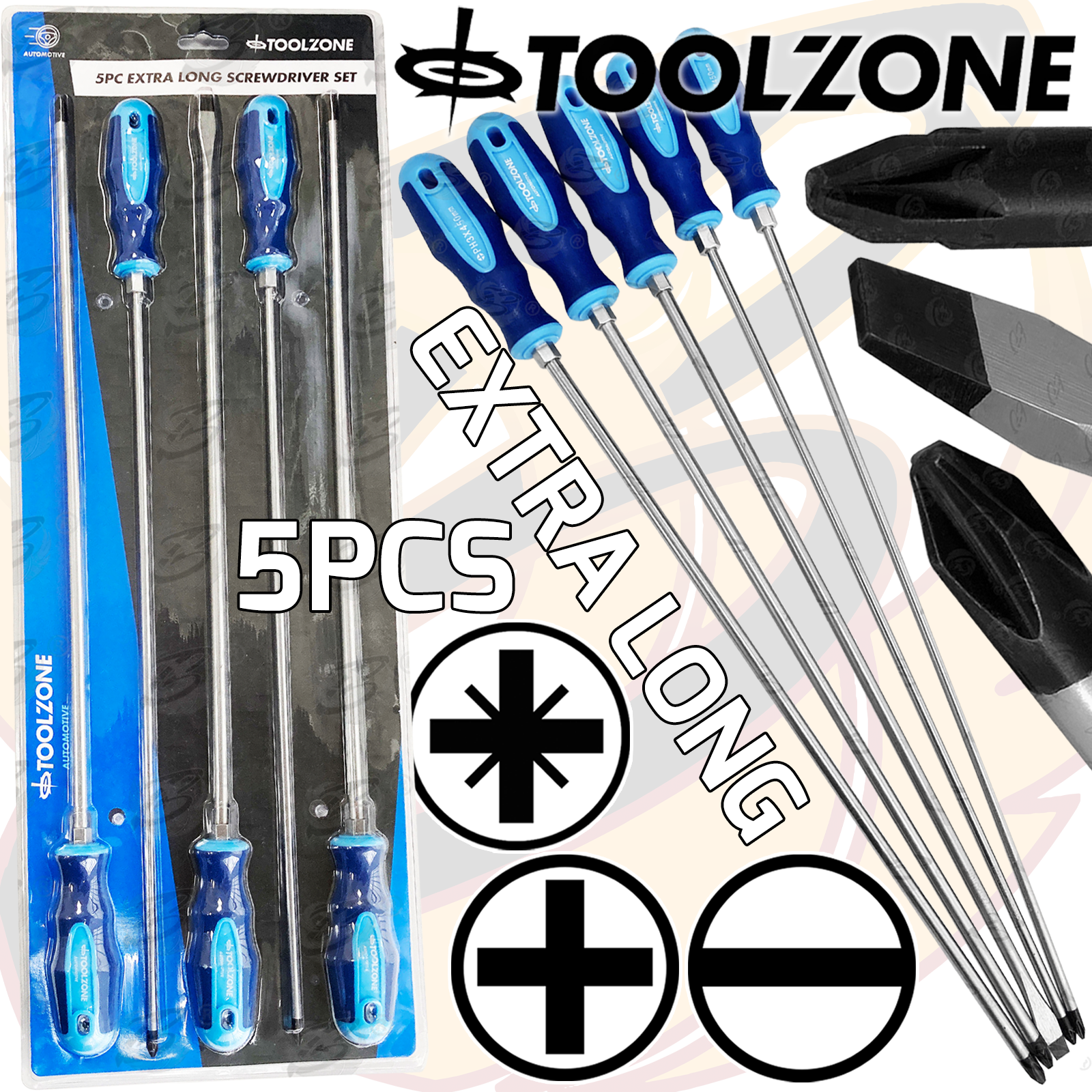 Toolzone 5 Piece Extra Long Magnetic Screwdriver Set ( Slotted - PHillips - Pozidrive ) ( SD074 )