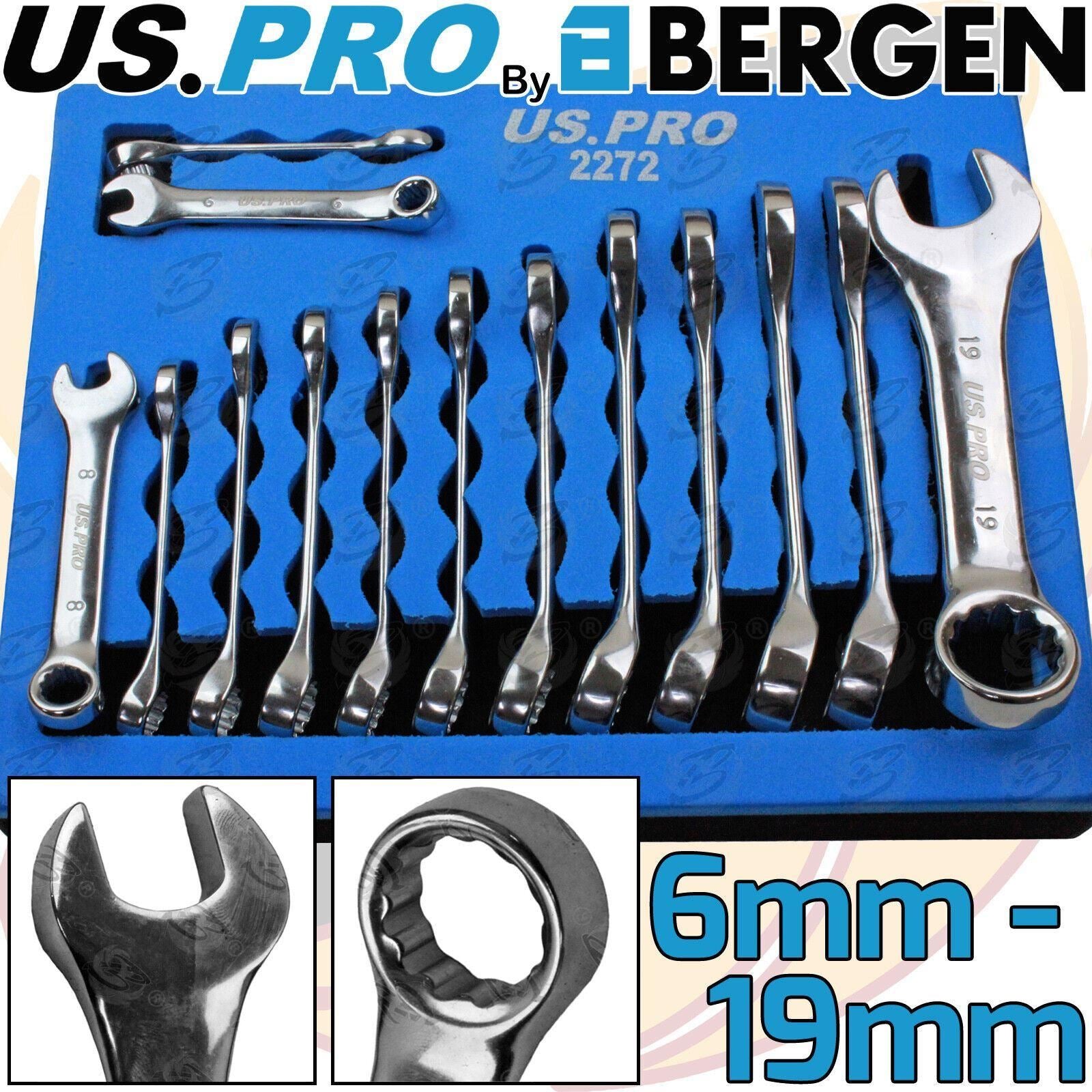 US PRO 14PCS STUBBY COMBINATION SPANNERS 6MM - 19MM