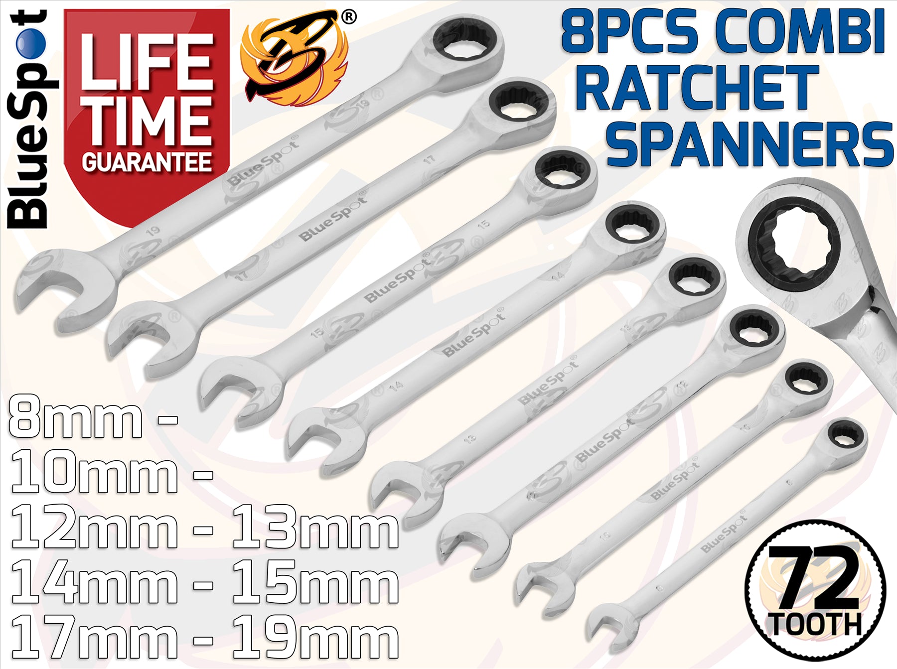 BLUESPOT 8PCS RATCHET SPANNER SET 8MM - 19MM