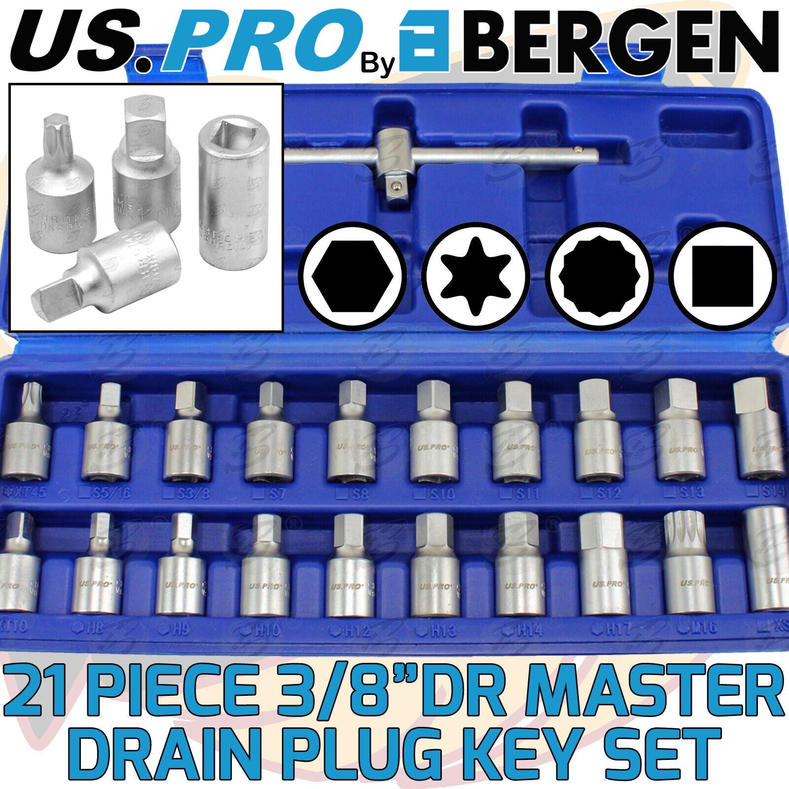 US Pro 21 Piece Master Drain Plug Key Set 3007