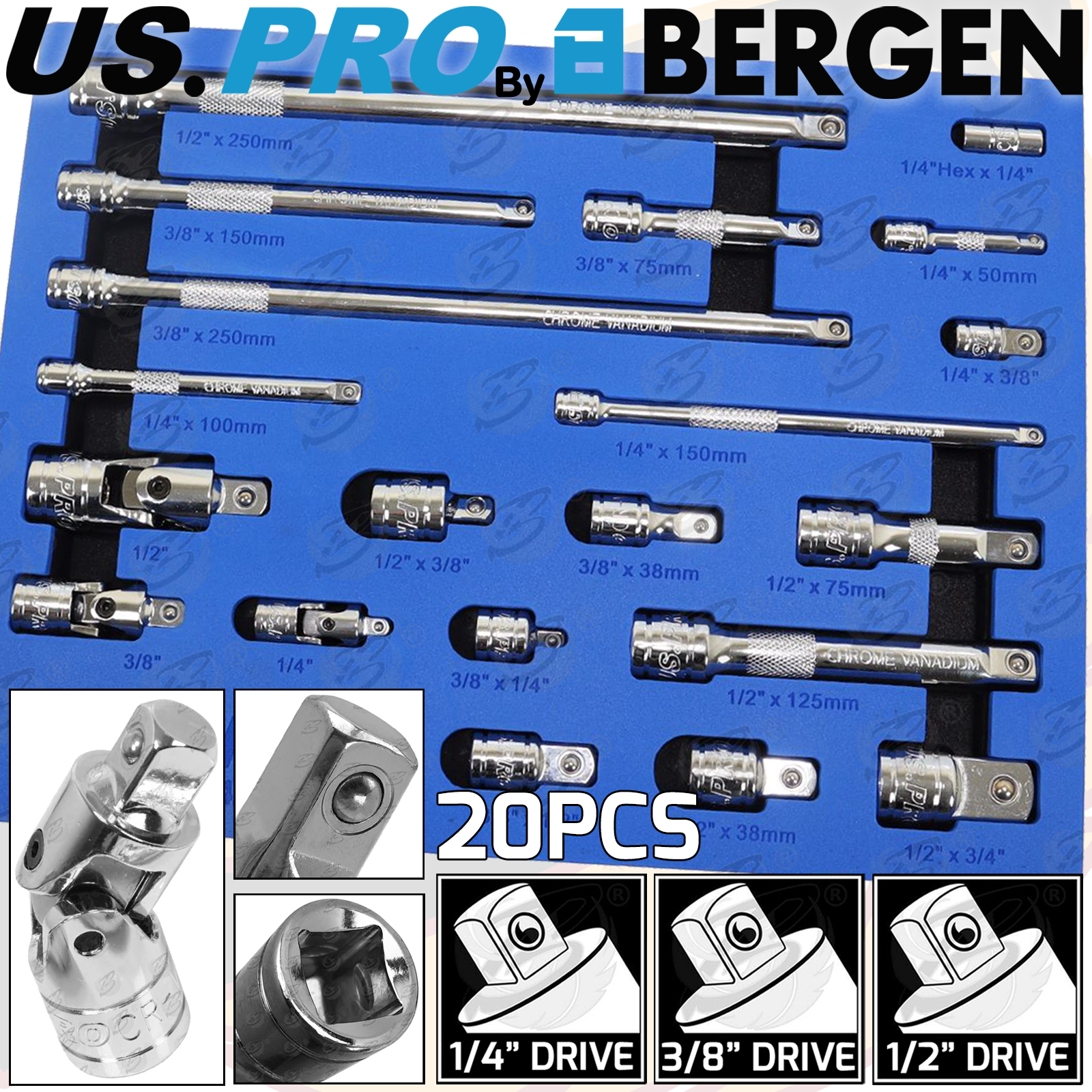 US Pro 20 Piece 1/4" & 3/8" & 1/2" Drive Extension Bars 50mm - 250mm 4235