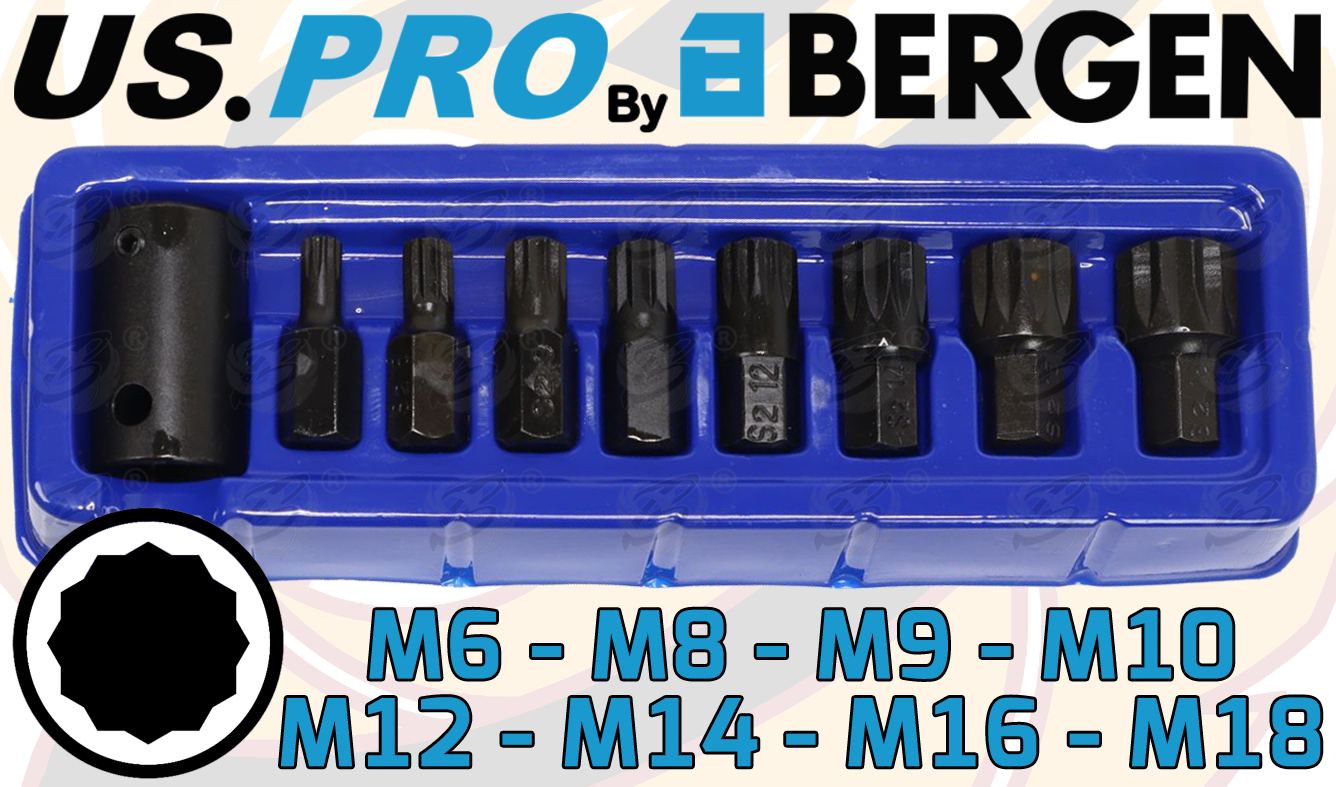 US Pro 9 Piece 1/2" Drive Impact Spline Bit Sockets M6 - M18 3996