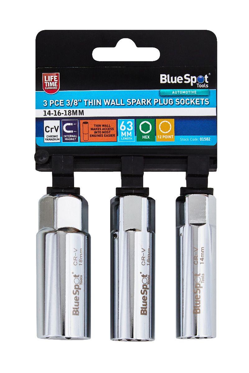 BlueSpot 3 Piece 3/8" Drive Spark Plug Sockets 14mm - 16mm - 18mm With A Manufacturers LifeTime Guarantee 01582