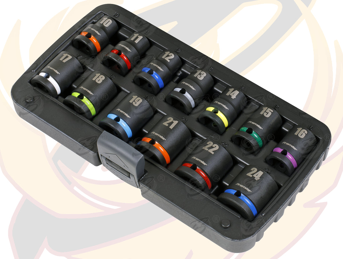 SEALEY 13PCS 1/2" DRIVE 6 POINT SHALLOW IMPACT SOCKETS 10MM - 24MM