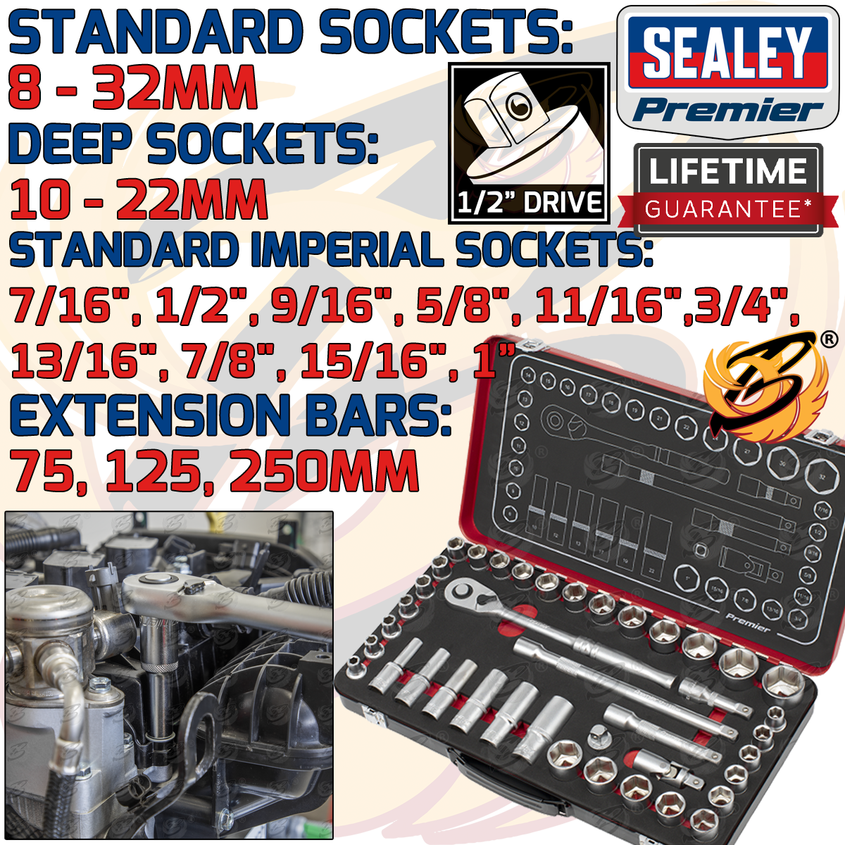 Sealey 40 Piece 1/2" Drive 6 Point 90 Tooth Premier Platinum Socket Set ( 8mm - 32mm & 7/16" - 1" ) ( AK7925 )