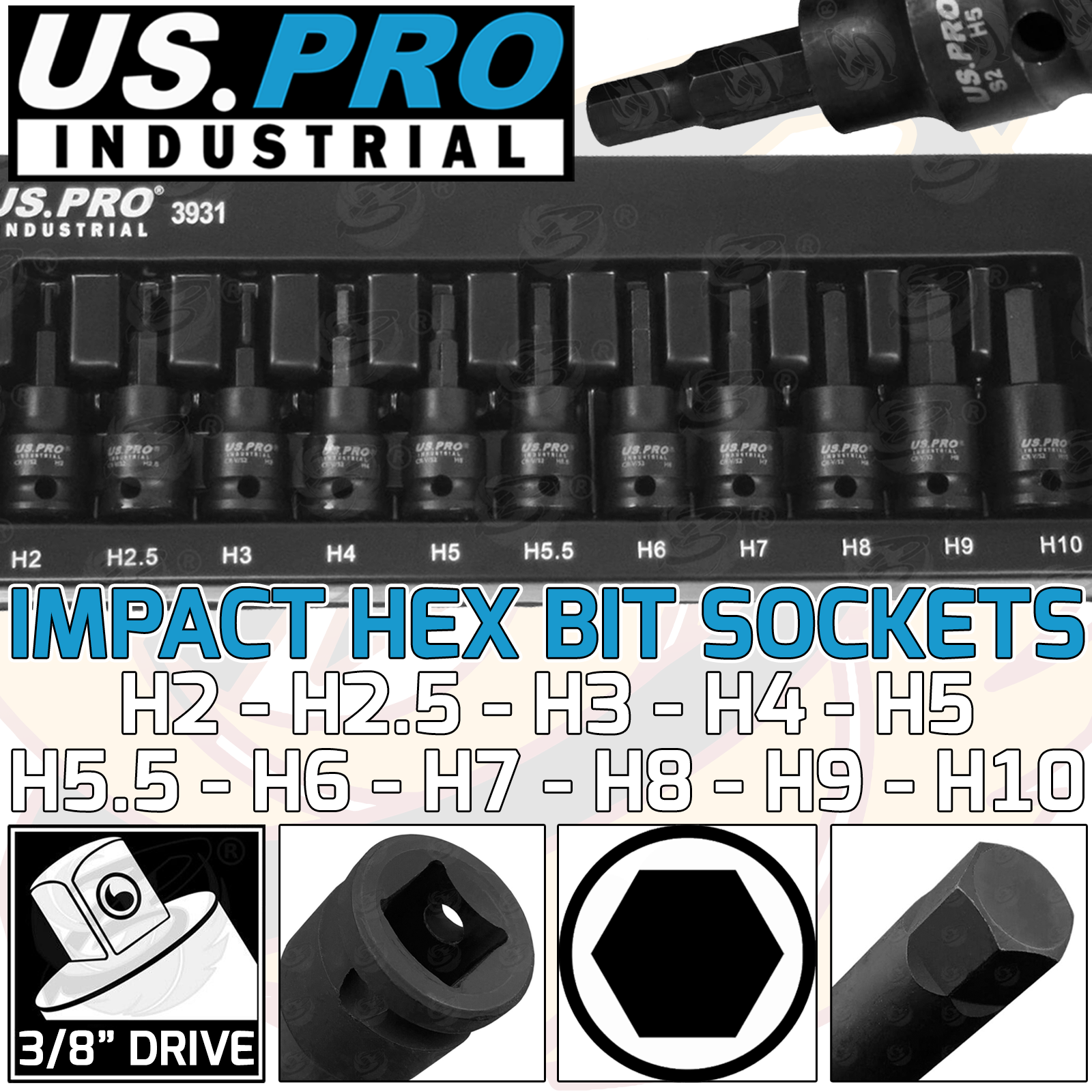 US Pro Industrial 11 Piece 3/8" Drive Impact Hex Bit Sockets H2 - H10 ( 3931 )