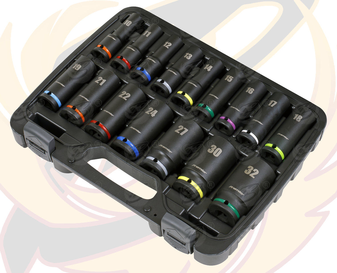 SEALEY 16PCS 1/2" DRIVE 6 POINT DEEP IMPACT SOCKETS 10MM - 32MM