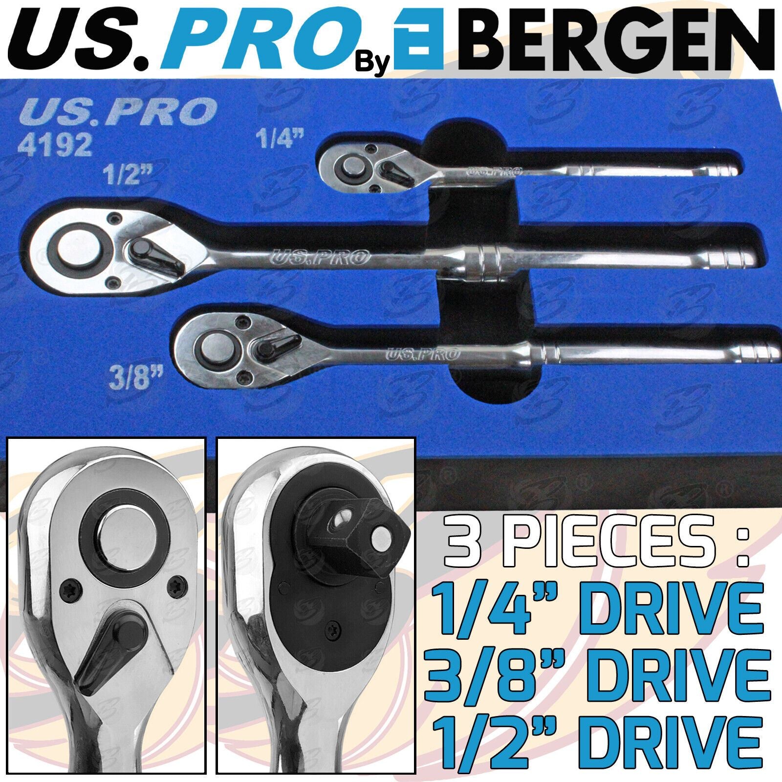 US PRO 3PCS 1/4" & 3/8" & 1/2" DRIVE 72 TOOTH RATCHET HANDLE SET