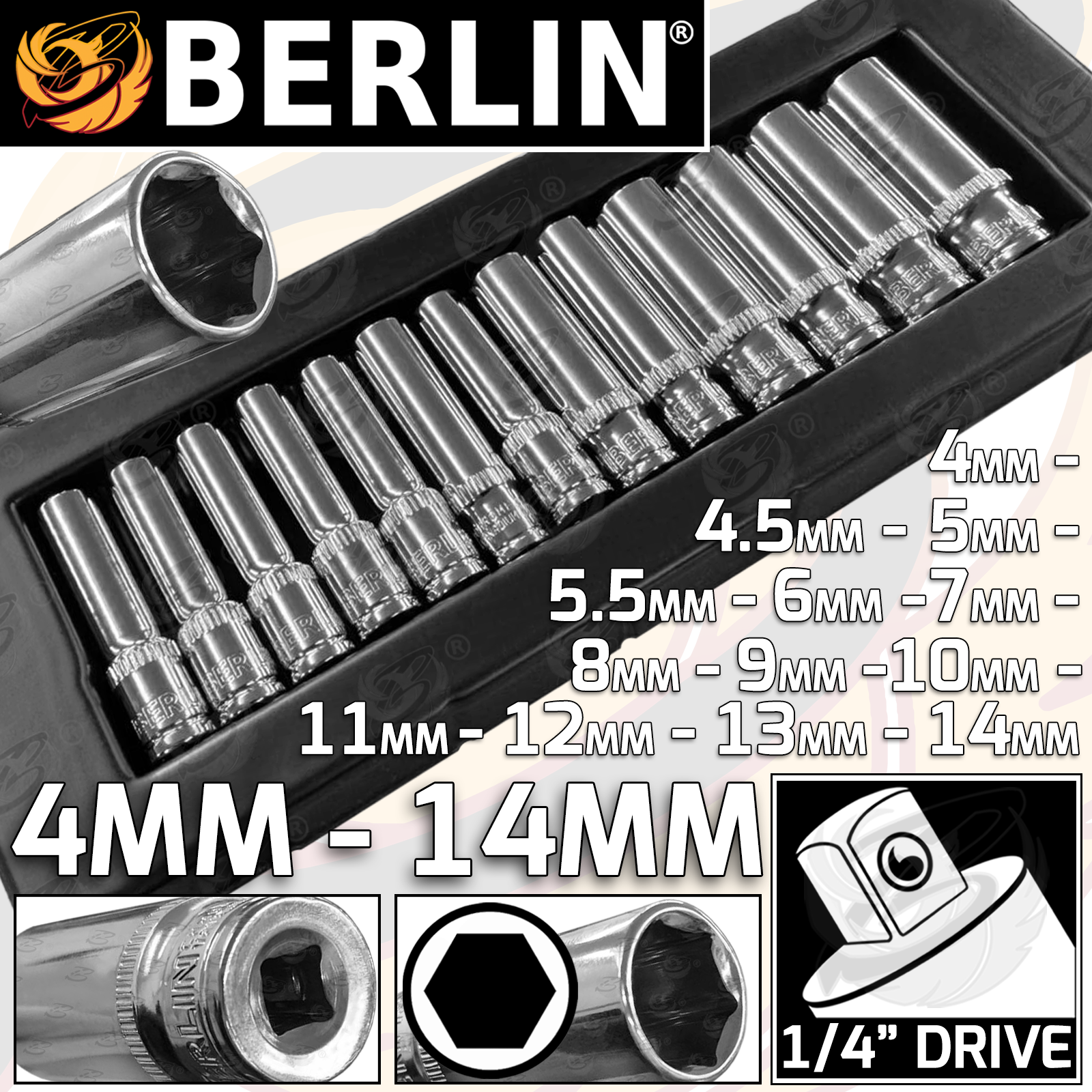 Berlin 13 Piece 1/4" Drive 6 Point Deep Sockets 4mm - 14mm ( BER016 )