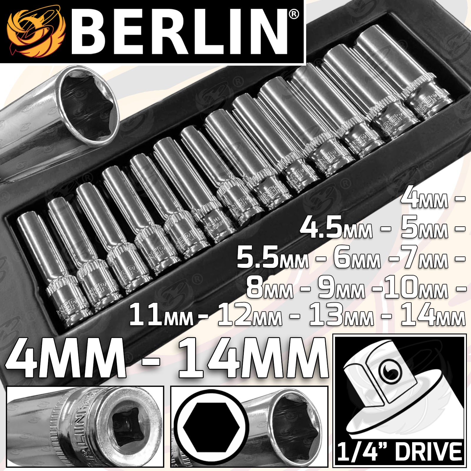 BERLIN 13PCS 1/4" DRIVE 6 POINT DEEP SOCKETS 4MM - 14MM