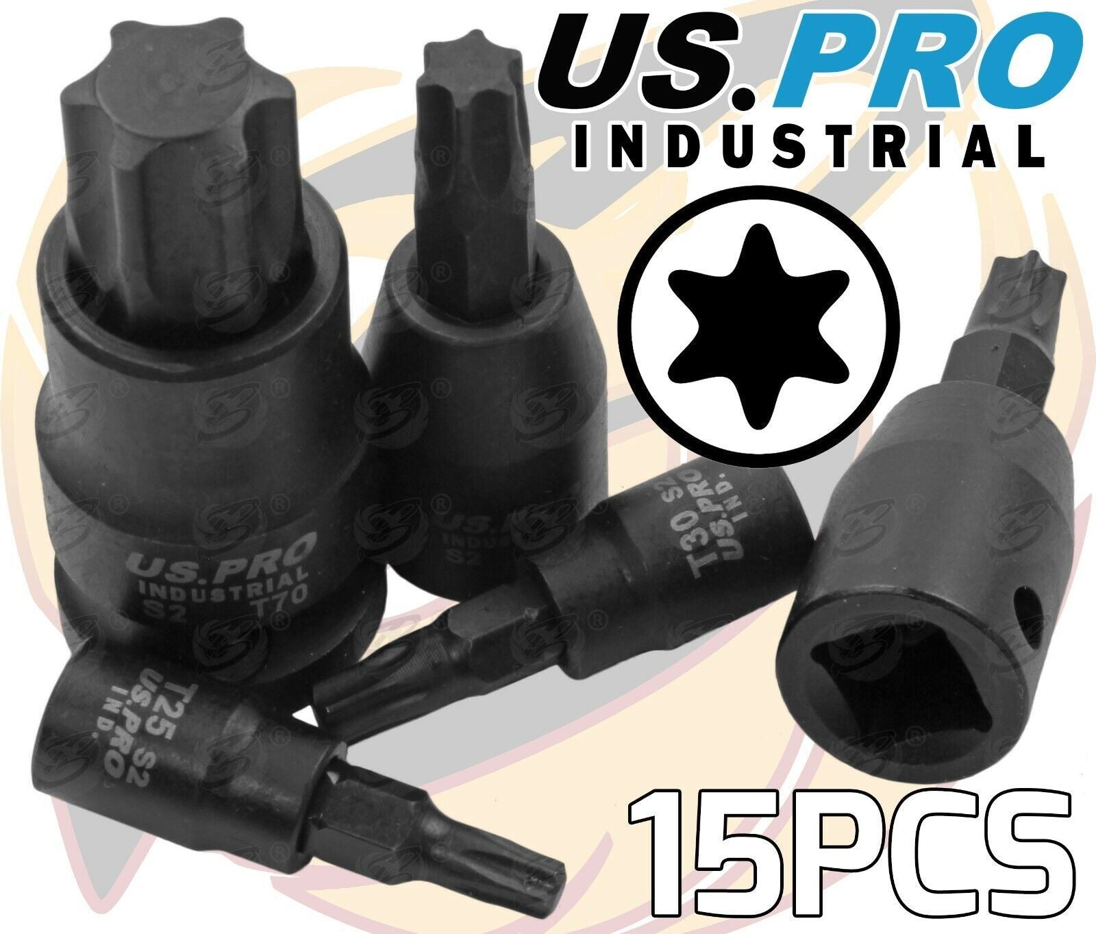 US PRO INDUSTRIAL 15PCS 1/4" & 3/8" & 1/2" DRIVE IMPACT TORX BIT SOCKETS T6 - T70