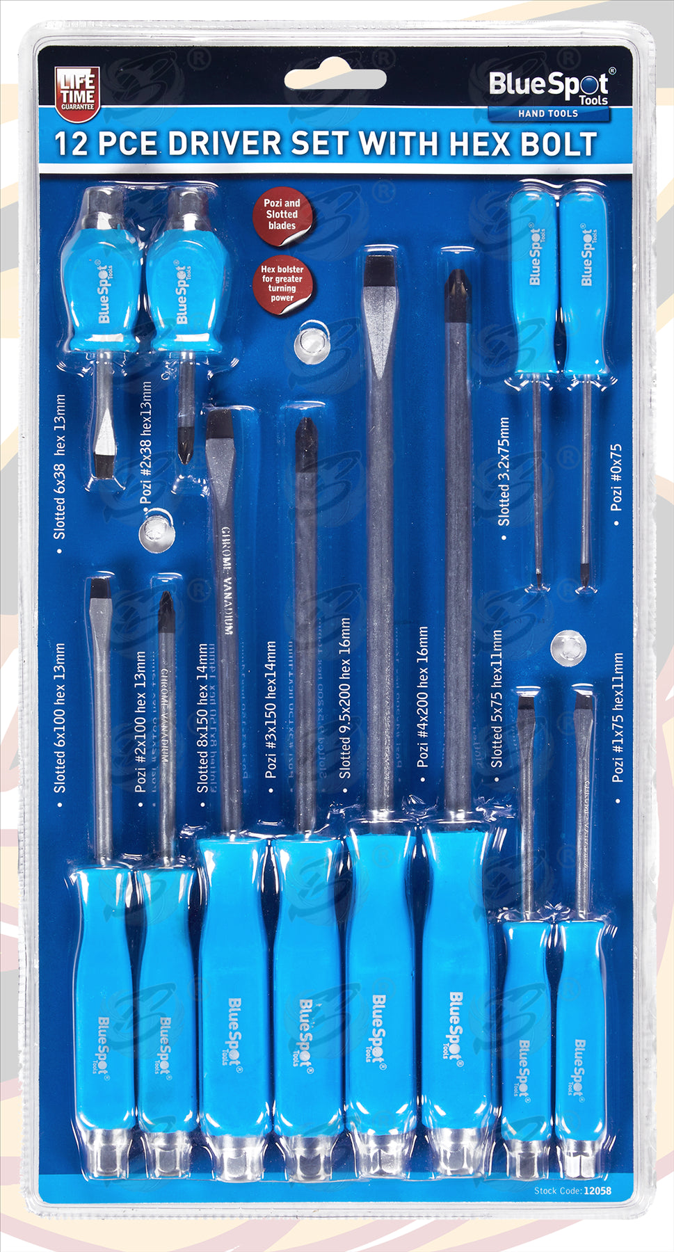 BLUESPOT 12PCS MAGNETIC GO THROUGH SCREWDRIVER SET ( SLOTTED - POZIDRIVE )
