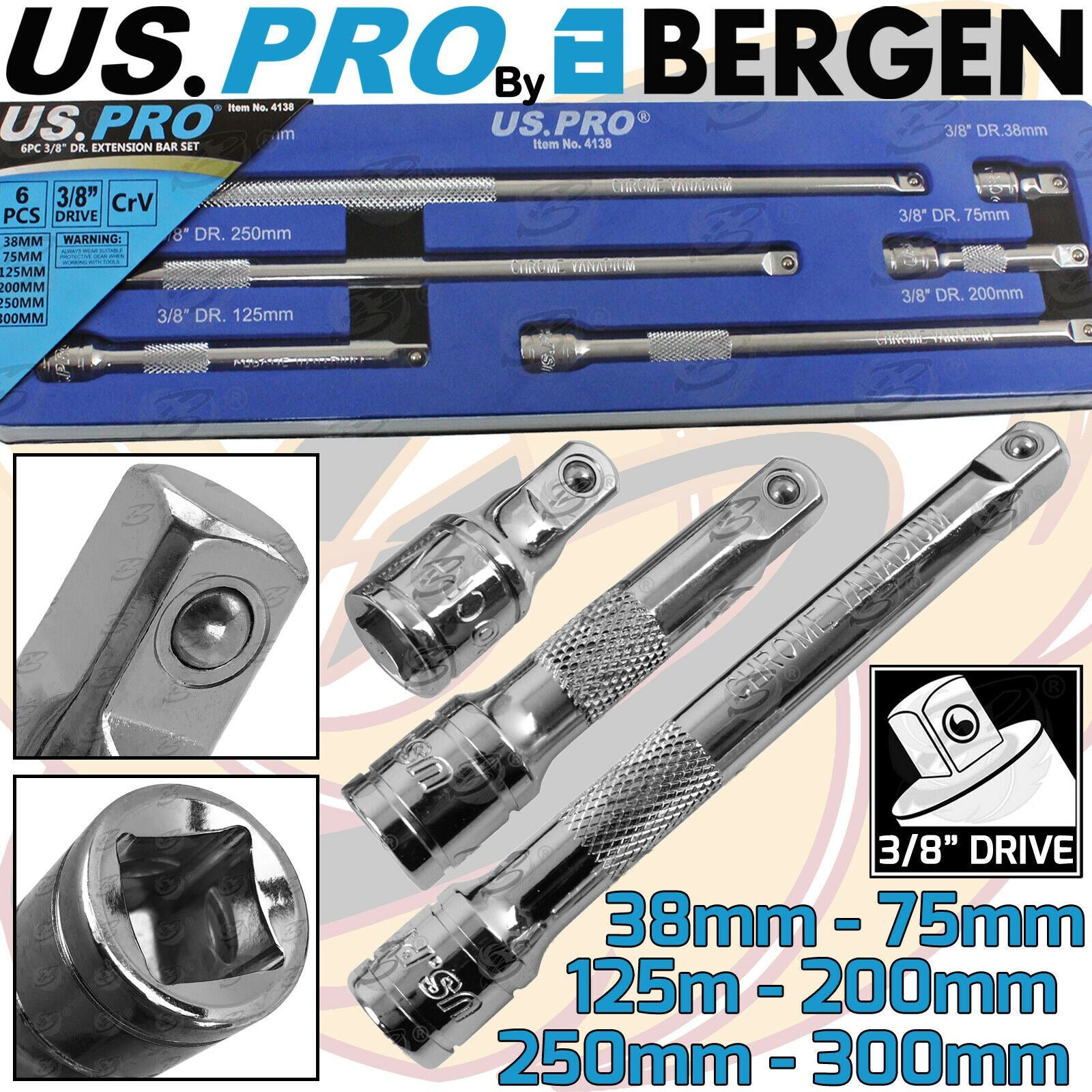 US PRO 6PCS 3/8" DRIVE EXTENSION BARS 38MM - 300MM