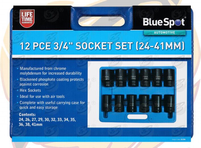 BLUESPOT 12PCS 3/4" DRIVE 6 POINT DEEP IMPACT SOCKETS 24MM - 41MM