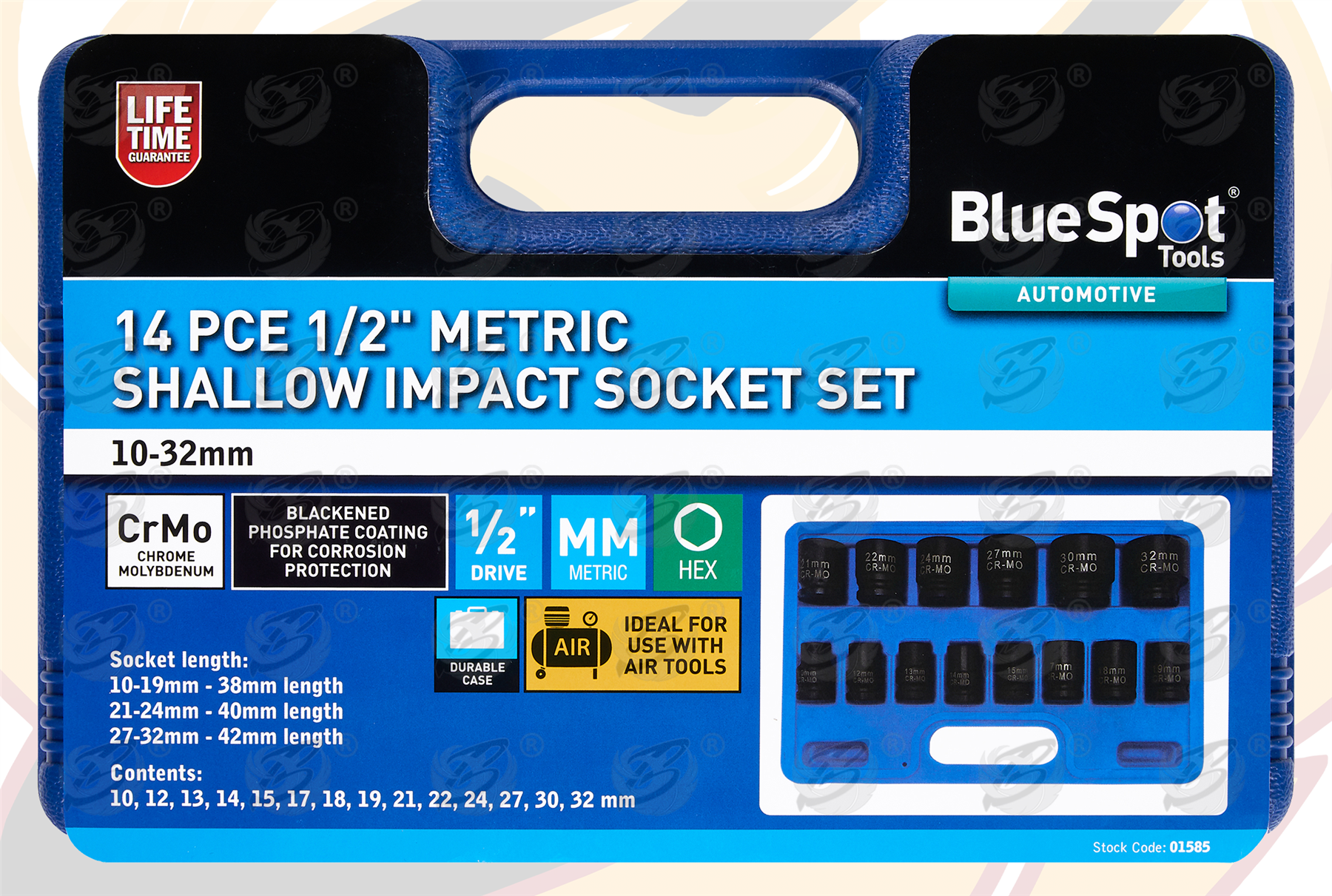 BLUESPOT 33PCS 1/2" DRIVE 6 POINT DEEP & SHALLOW IMPACT SOCKETS & EXTENSION BARS 10MM - 32MM