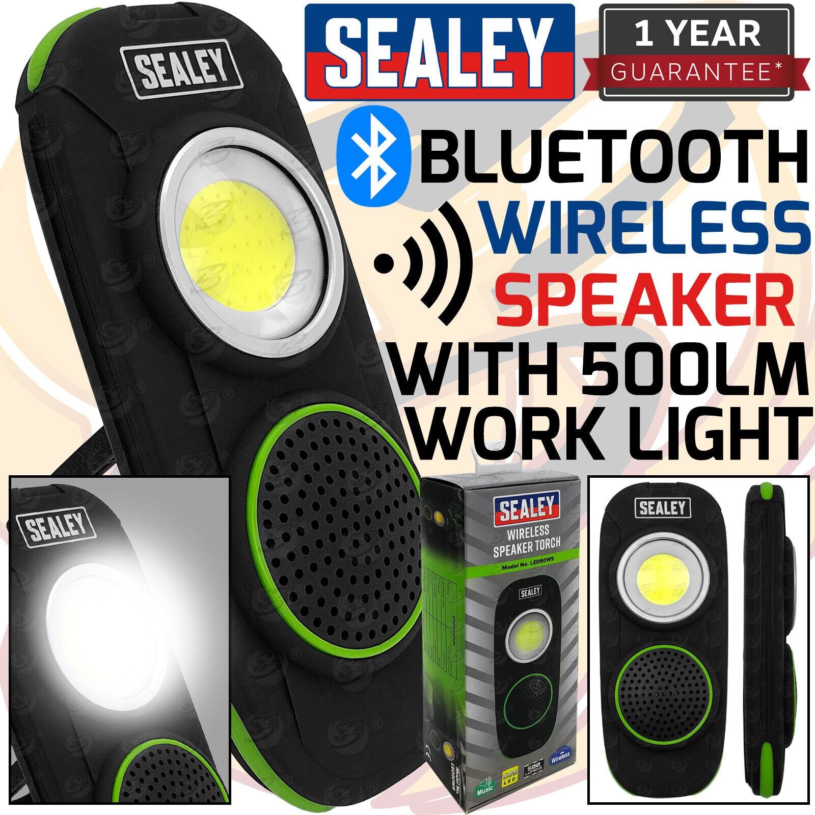 Sealey Rechargeable Cob Led Li - Ion Work Light With Bluetooth Speaker ( LED50WS )