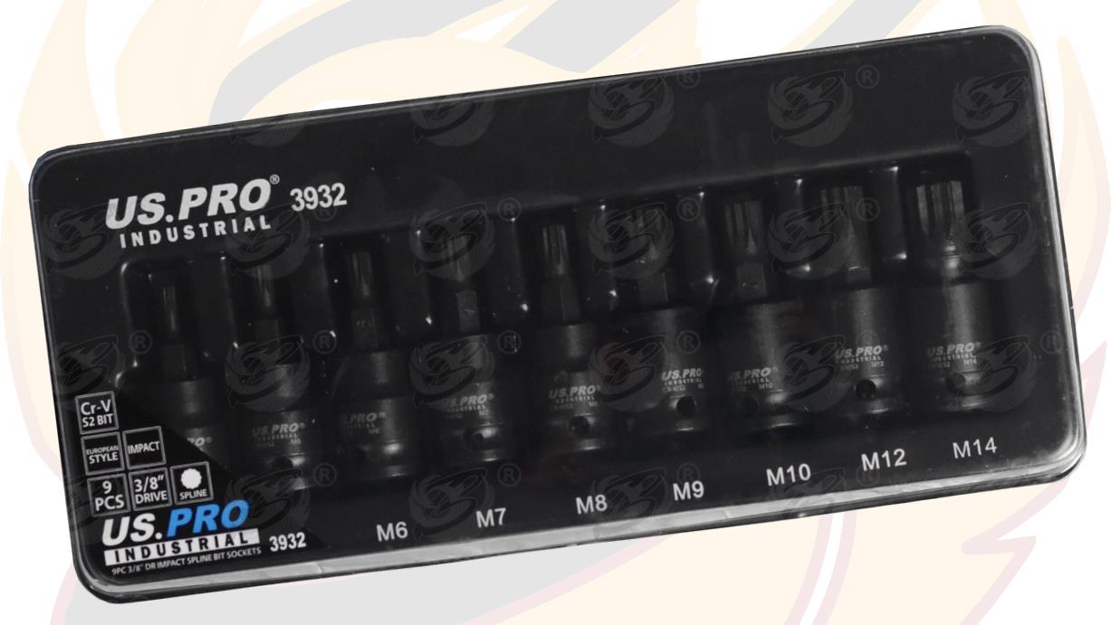 US Pro Industrial 9 Piece 3/8" Drive Impact Spline Bit Sockets M4 - M15 3932
