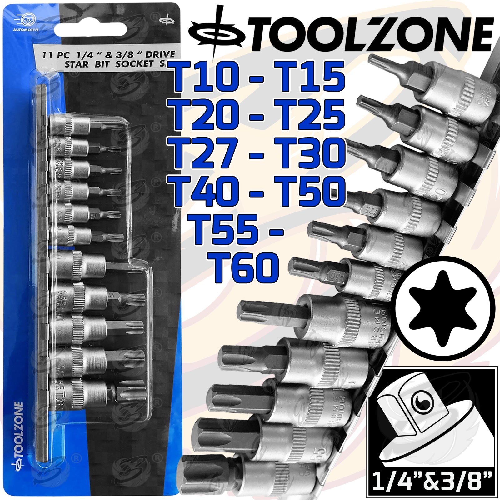 TOOLZONE 11PCS 1/4" & 3/8" DRIVE TORX BIT SOCKETS T10 - T60