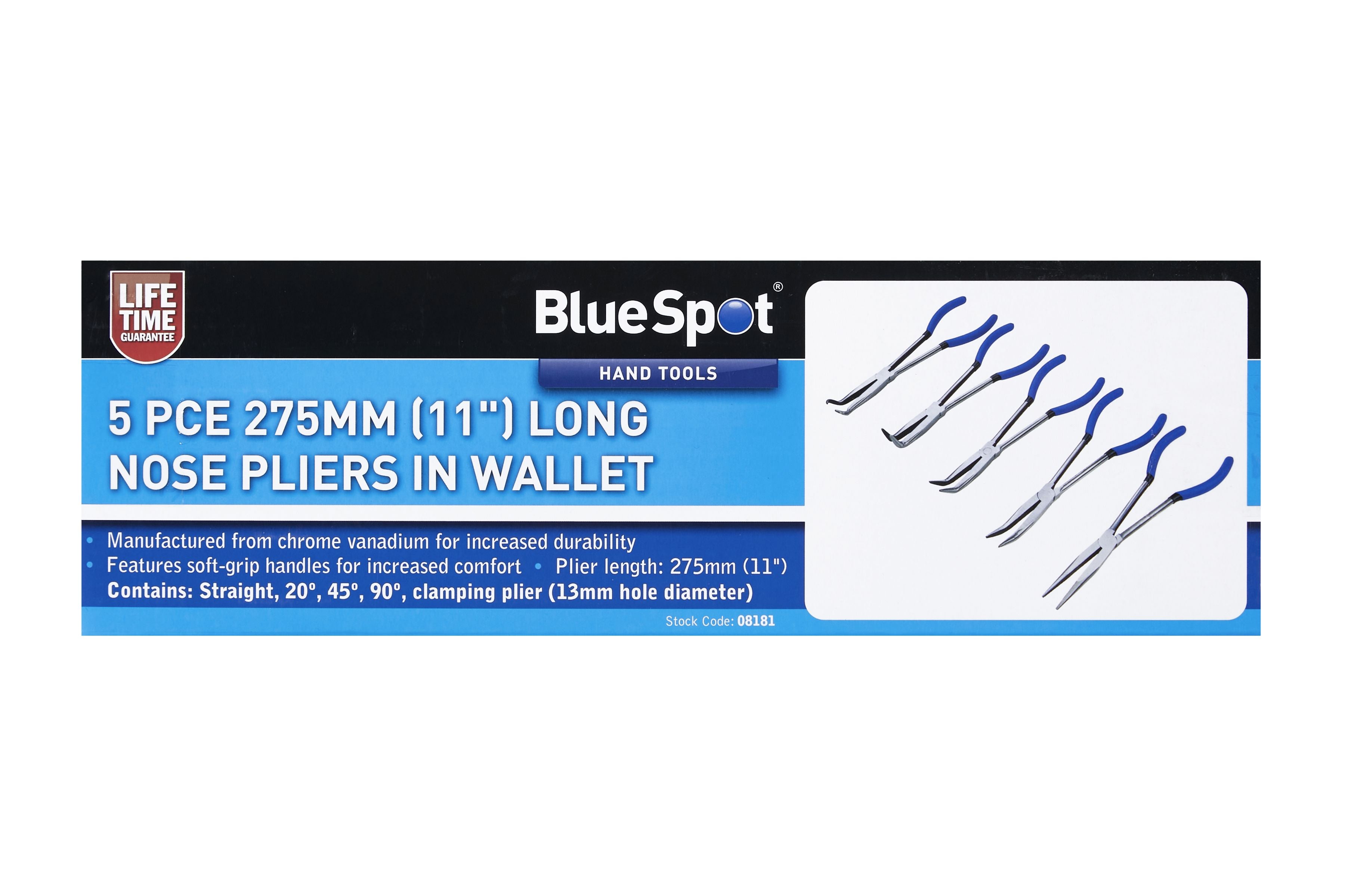 BlueSpot 5 Piece 275mm (11") Long Nose Pliers In Wallet With A Manufacturers LifeTime Guarantee 08181
