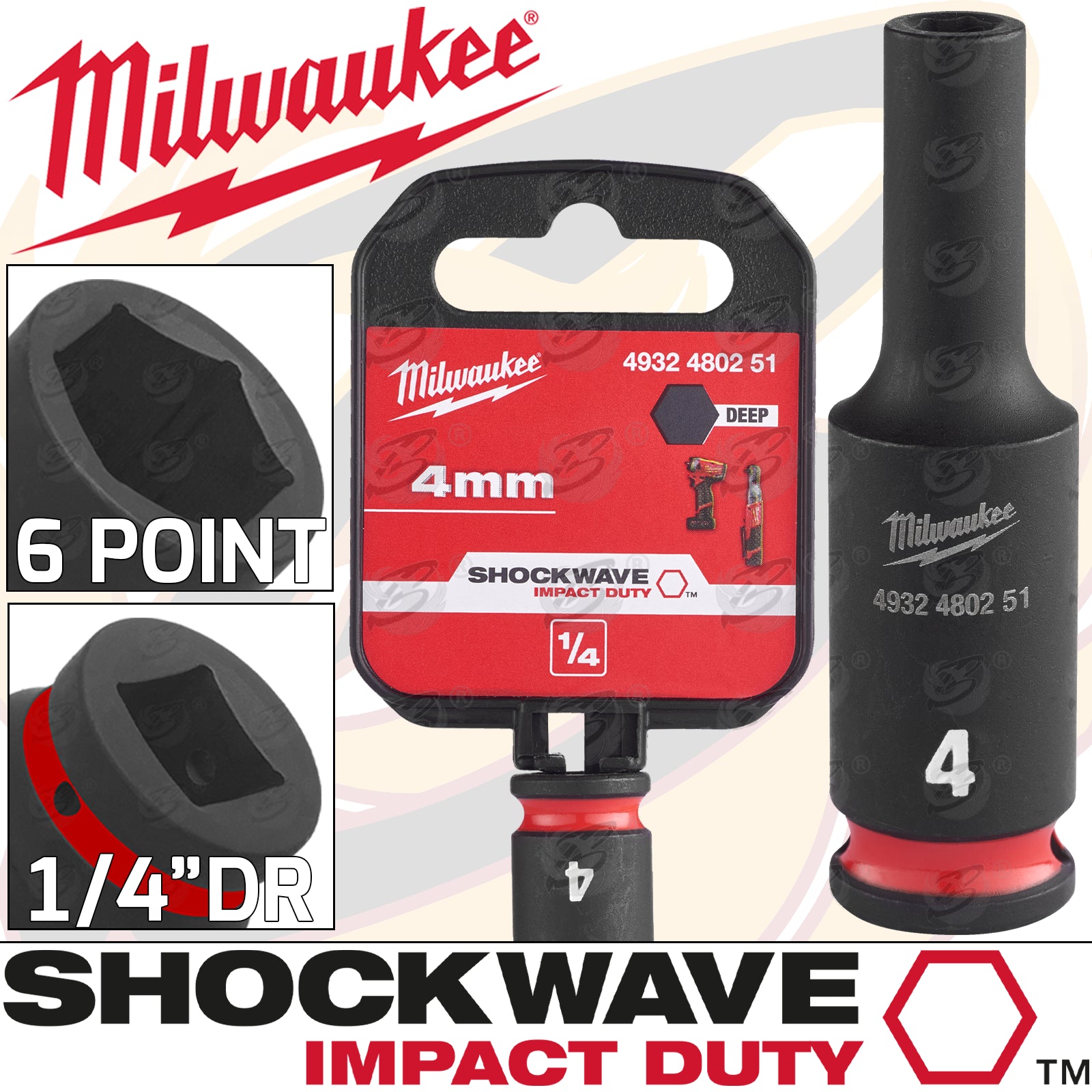 MILWAUKEE 4MM 1/4" DRIVE 6 POINT DEEP IMPACT SOCKET ( SINGLE )