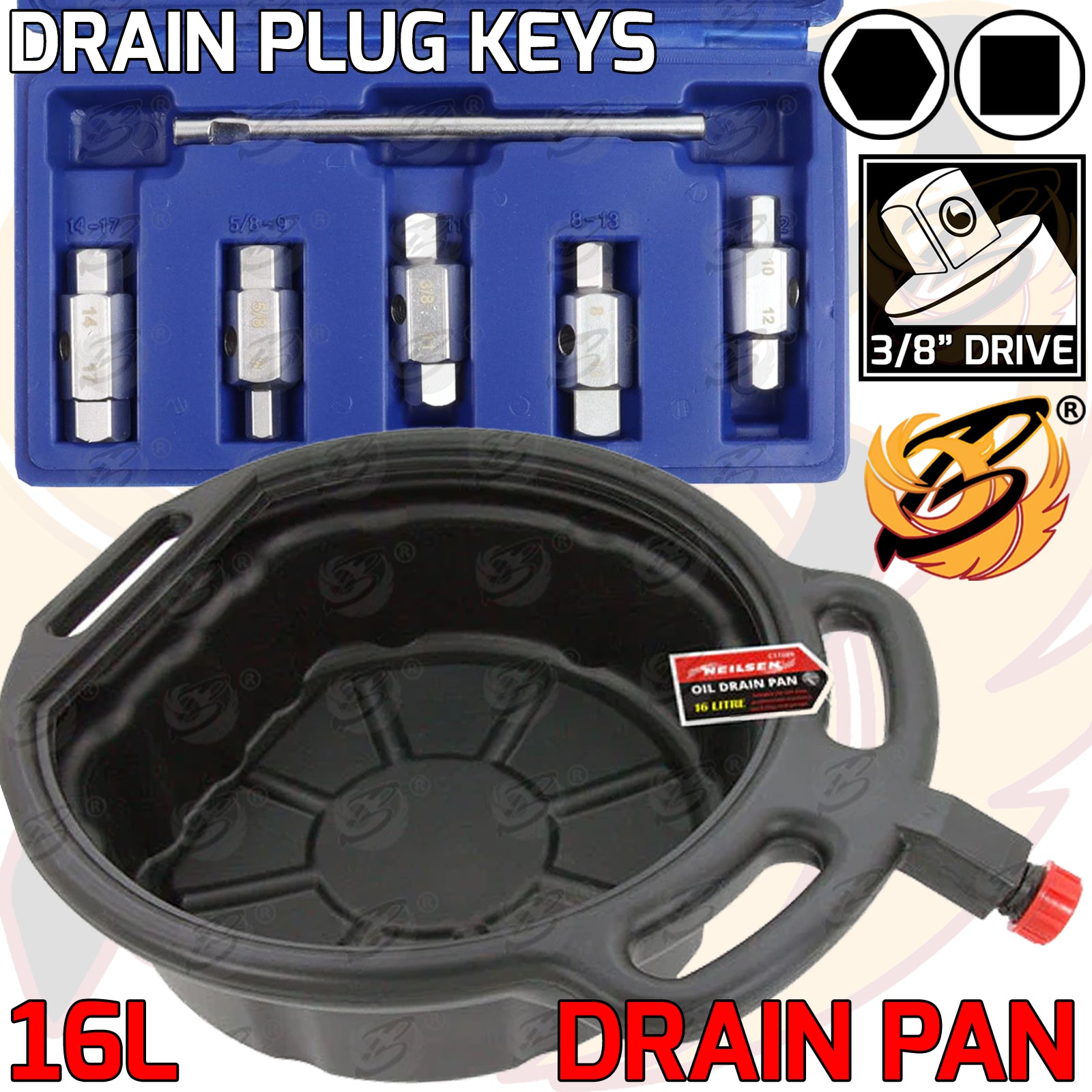 NEILSEN 16L OIL DRAIN PAN & US PRO 5PCS DRAIN PLUG KEY SET