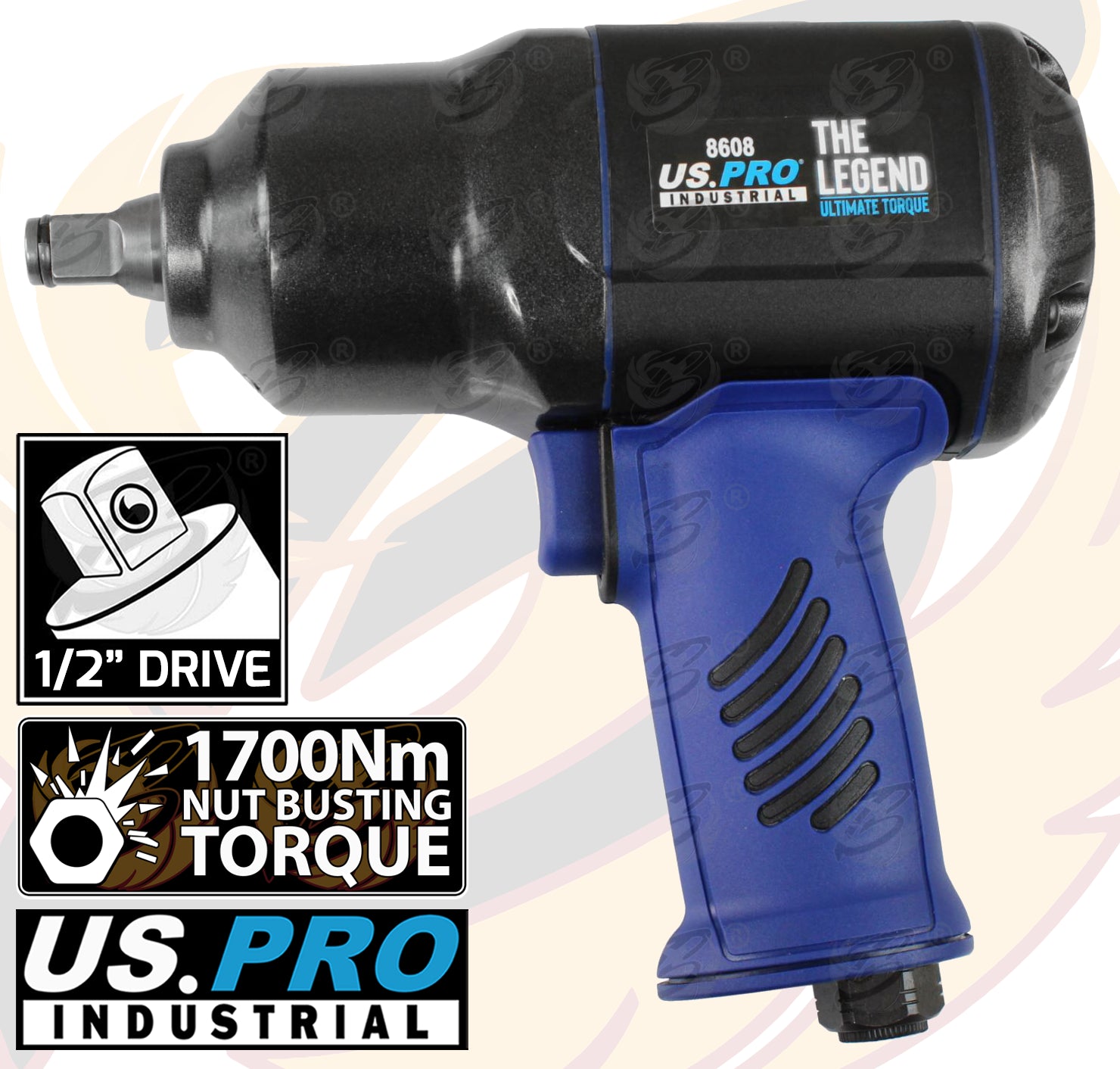 US PRO 1/2" DRIVE AIR IMPACT WRENCH 1700Nm NBT ( THE LEGEND ) & 19PCS DEEP IMPACT SOCKETS & EXTENSION BAR SETS 10MM - 32MM