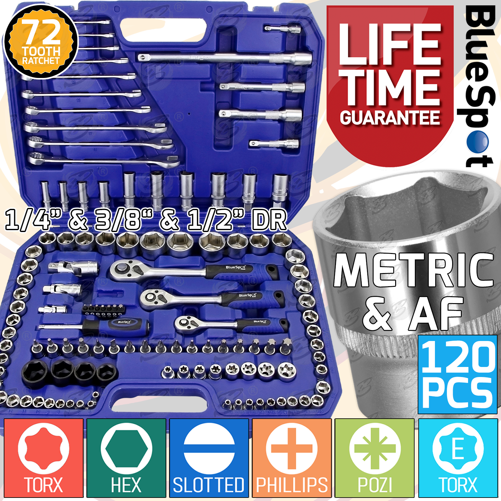 BlueSpot 120 Piece 1/4" & 3/8" & 1/2" Drive Metric & Sae Socket & Spanner Set ( 4mm - 32mm ) ( 01583 )