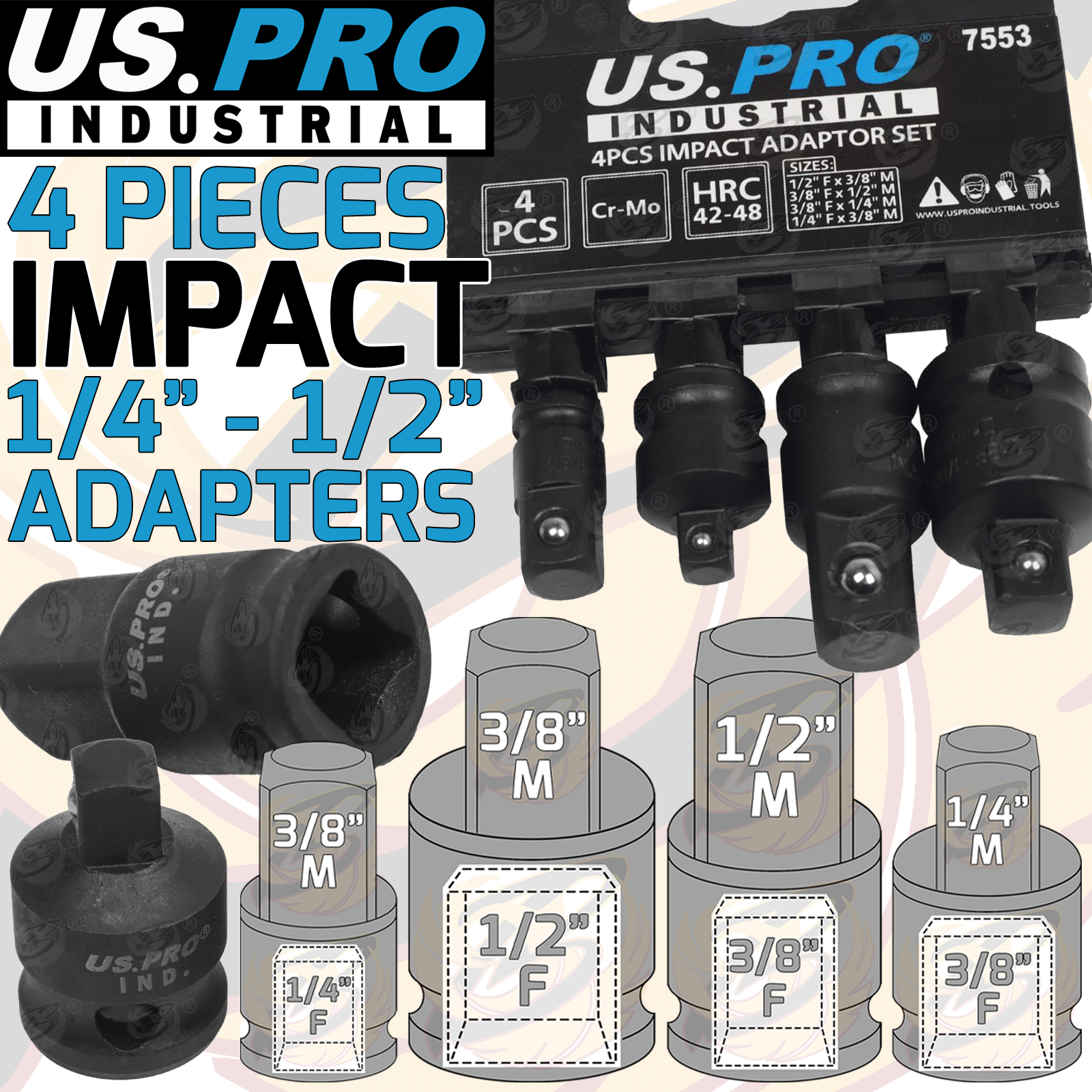 US Pro Industrial 4 Piece Impact Socket Ada Pointers ( 1/4" - 1/2" ) ( Cr-Mo ) ( 7553 )