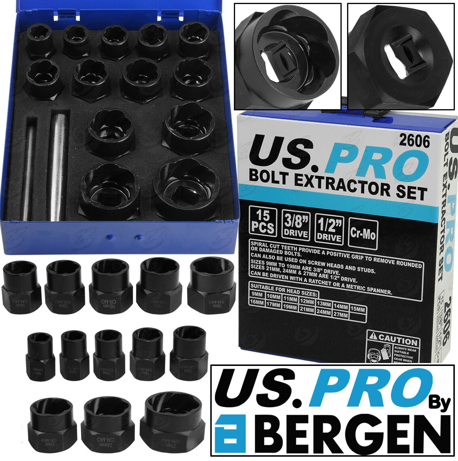 US Pro 15 Piece 3/8" & 1/2" Drive Impact Twist Sockets 9mm - 27mm 2606