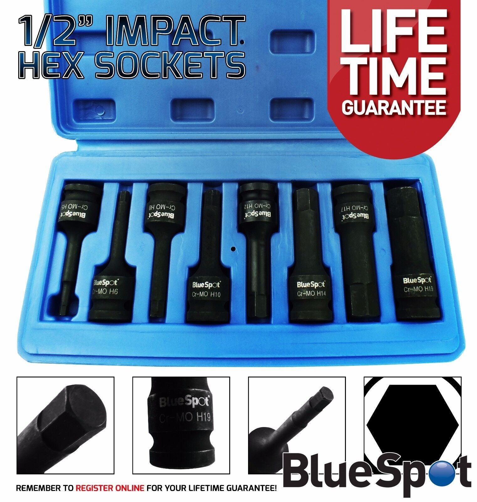 BLUESPOT 8PCS 1/2" DRIVE IMPACT HEX BIT SOCKETS H5 - H19