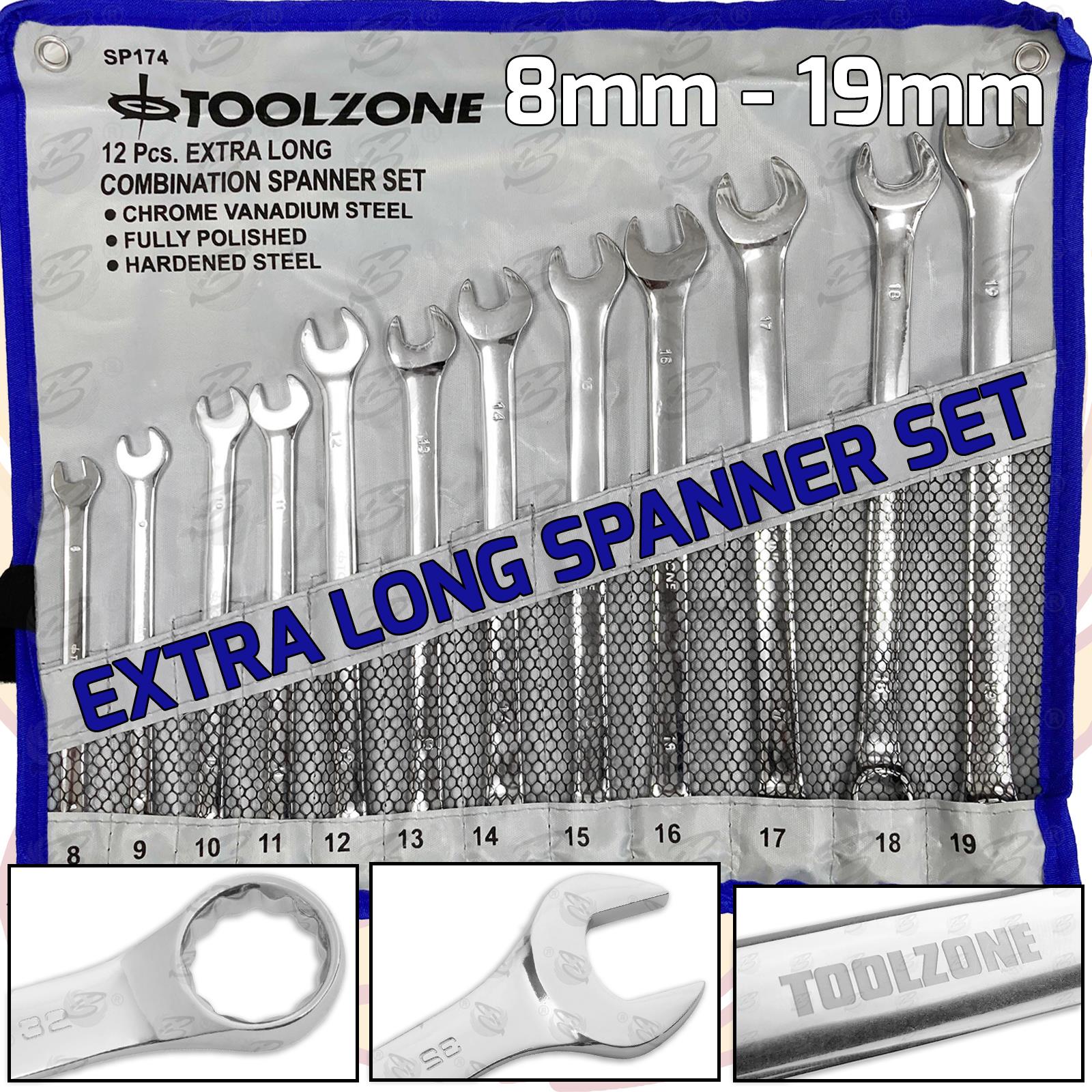 TOOLZONE 12PCS EXTRA LONG COMBINATION SPANNER SET 8MM - 19MM