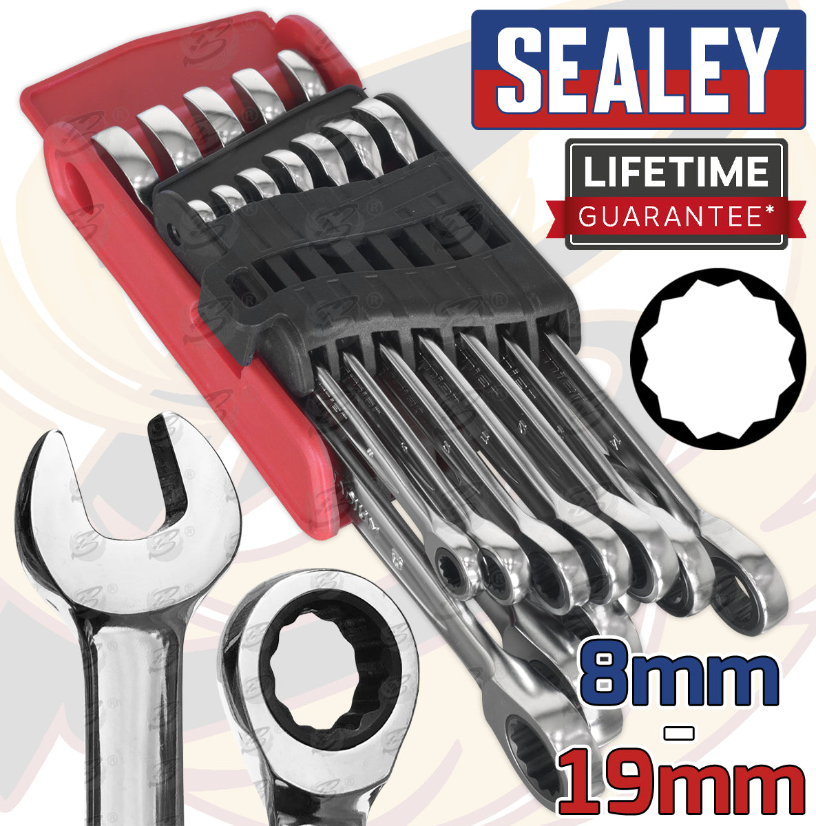 SEALEY 12PCS COMBINATION RATCHET SPANNER SET 8MM - 19MM