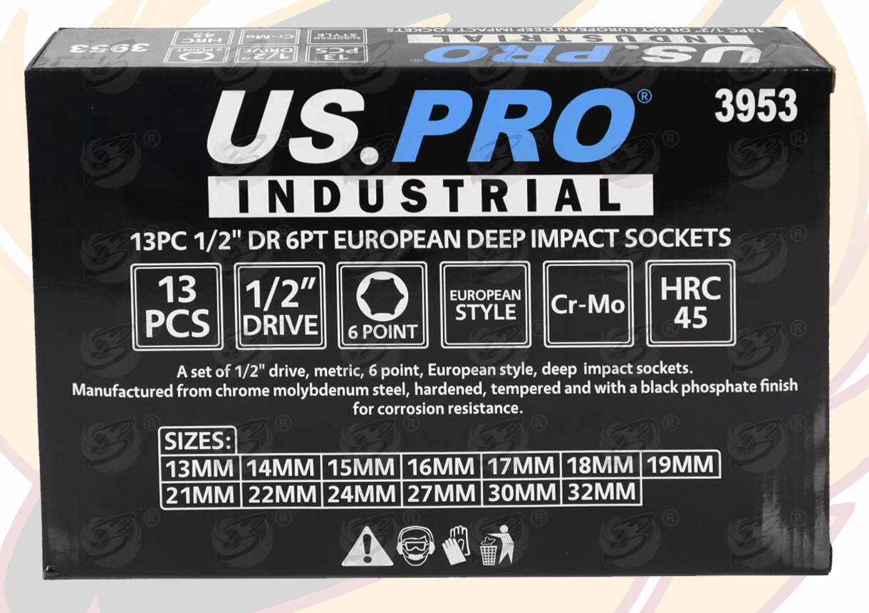 US Pro Industrial 13 Piece 1/2" Drive 6 Point Deep Impact Sockets 13mm - 32mm 3953