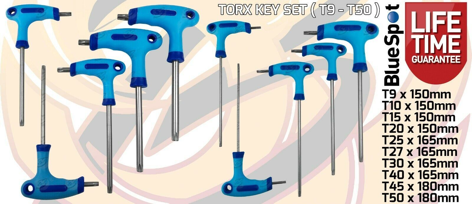 BLUESPOT 10PCS T HANDLE TORX KEY SET T9 - T50