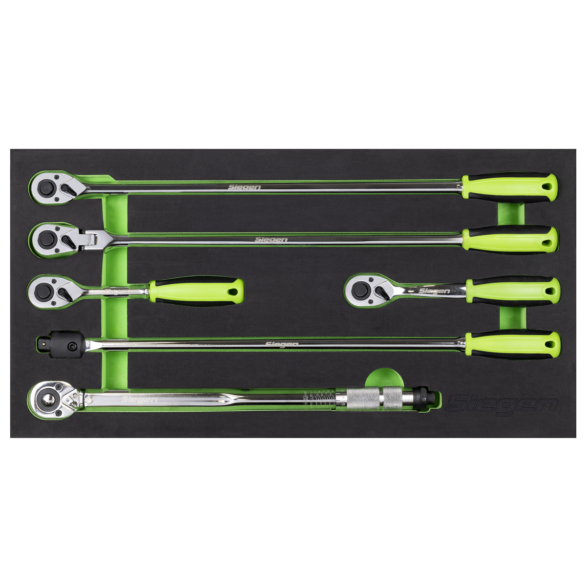 Siegen 6 Piece 1/2" Drive Torque Wrench, Breaker Bar & 72 Tooth Mixed Length, Standards & Flexible Head Ratchet Handle Set In EVA Foam Storage Block With A Manufacturers LifeTime Guarantee S01326