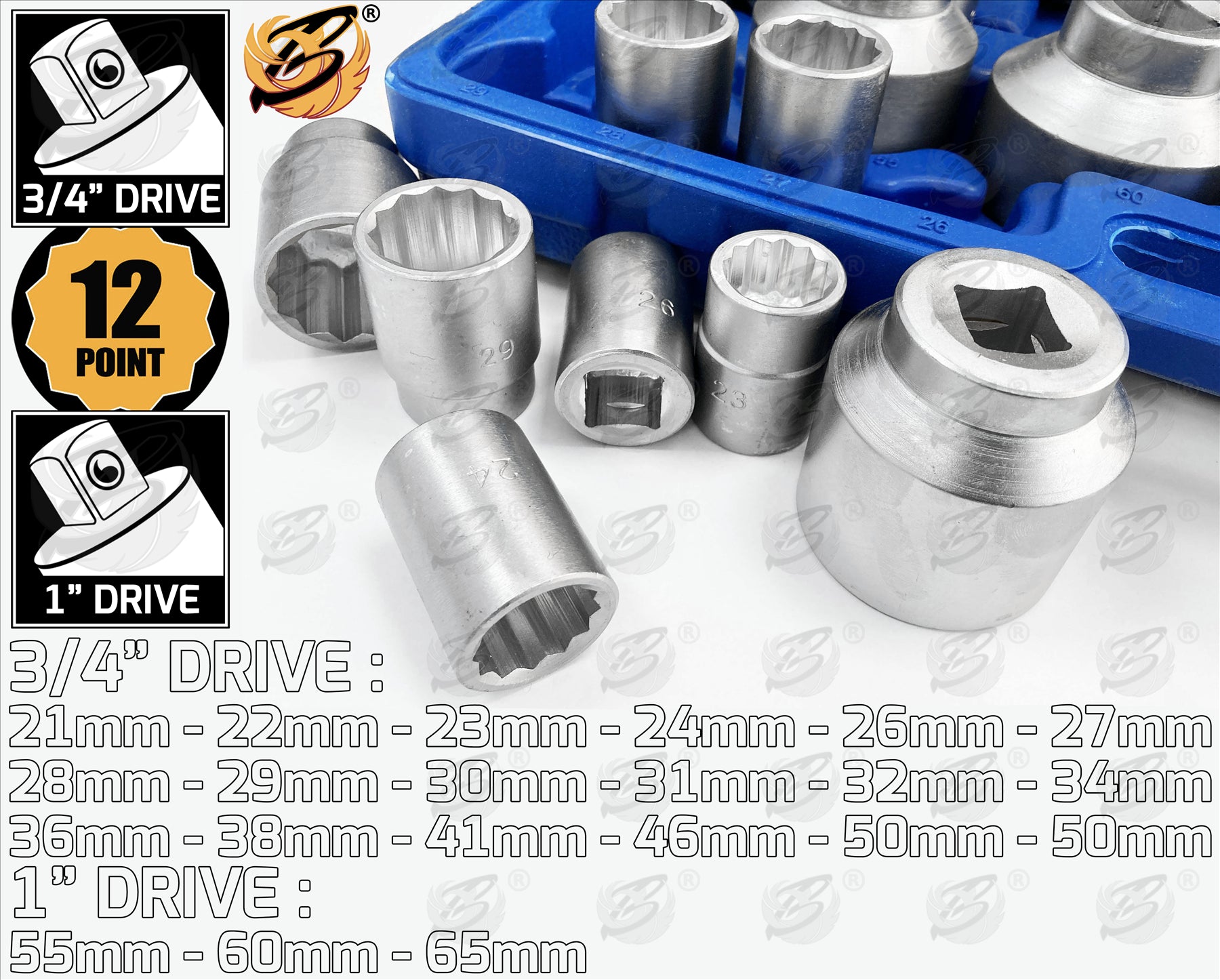 TOOLZONE 26PC 3/4" & 1" DRIVE 12 POINT SOCKET SET 21MM - 65MM