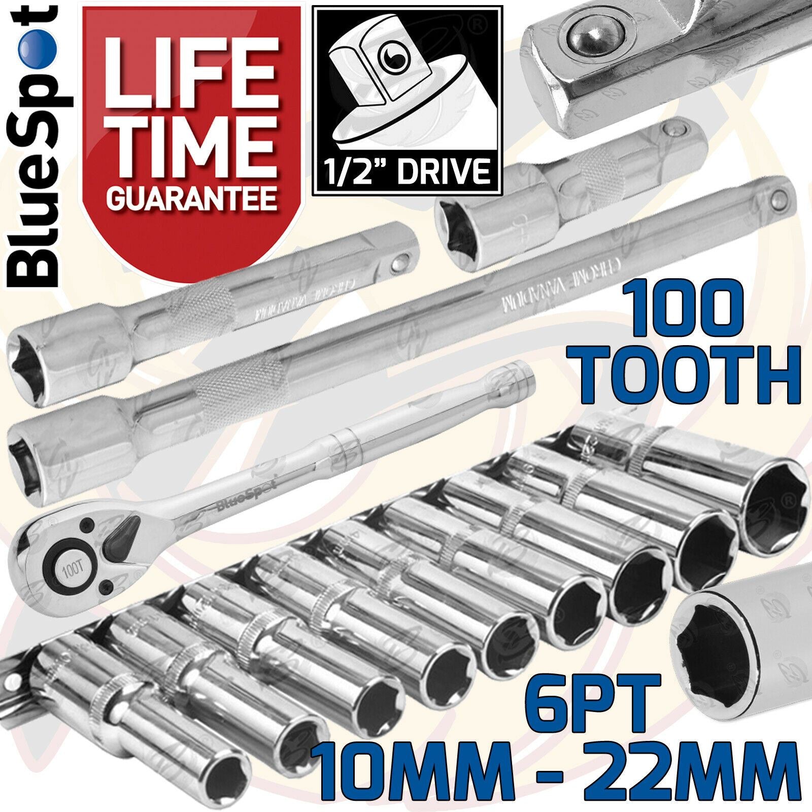 BLUESPOT 13PCS 1/2" DRIVE 6 POINT DEEP SOCKET SET 10MM - 22MM