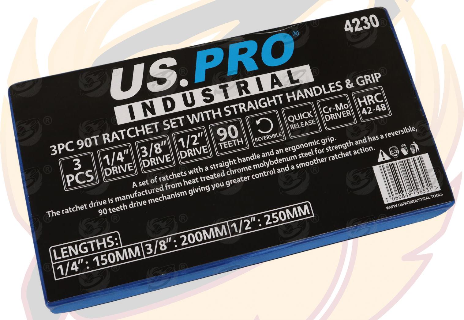 US PRO INDUSTRIAL 3PCS 1/4" & 3/8" & 1/2" DRIVE 90 TOOTH CURVED RATCHET HANDLES