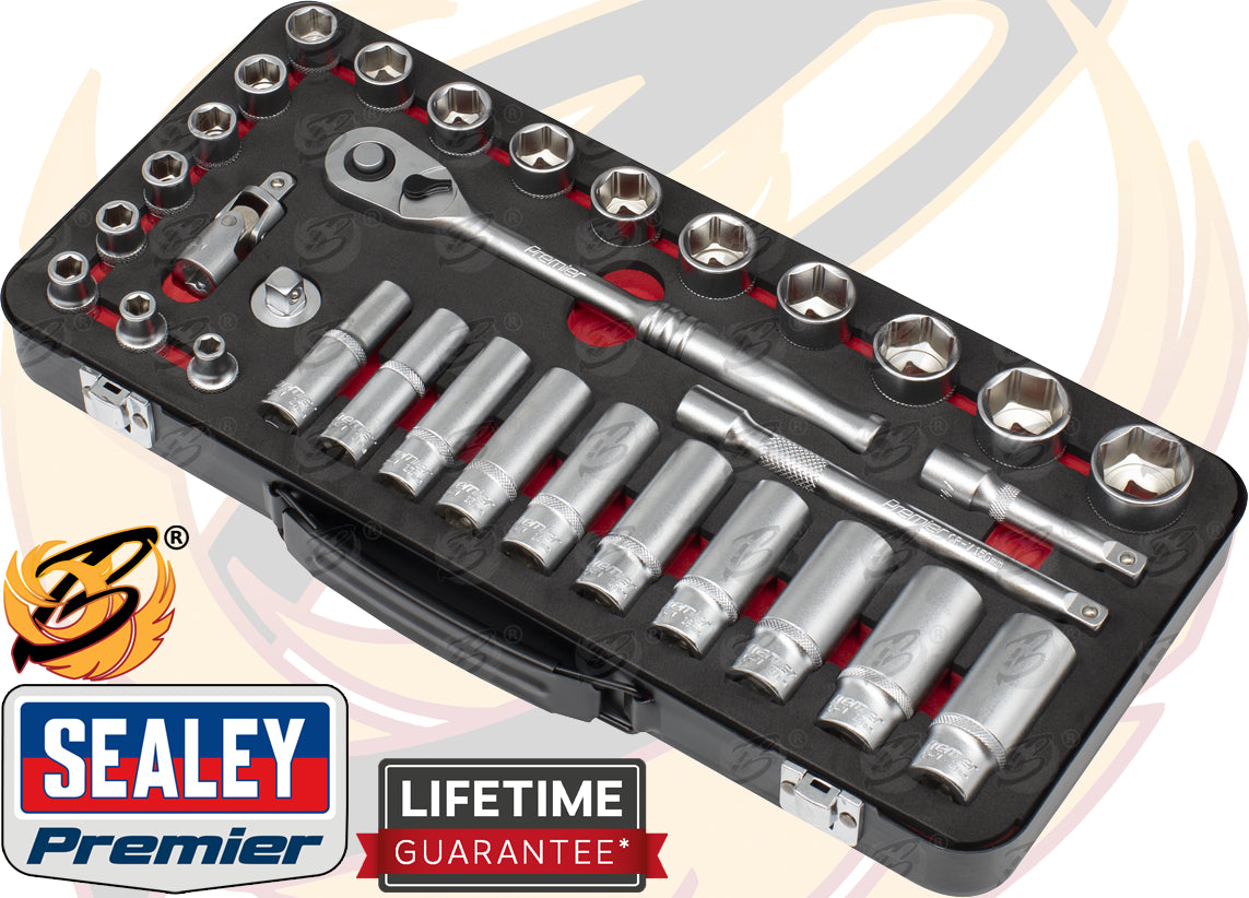 SEALEY 32PCS 3/8" DRIVE 6 POINT 90 TOOTH PREMIER PLATINUM SOCKET SET 6MM - 24MM